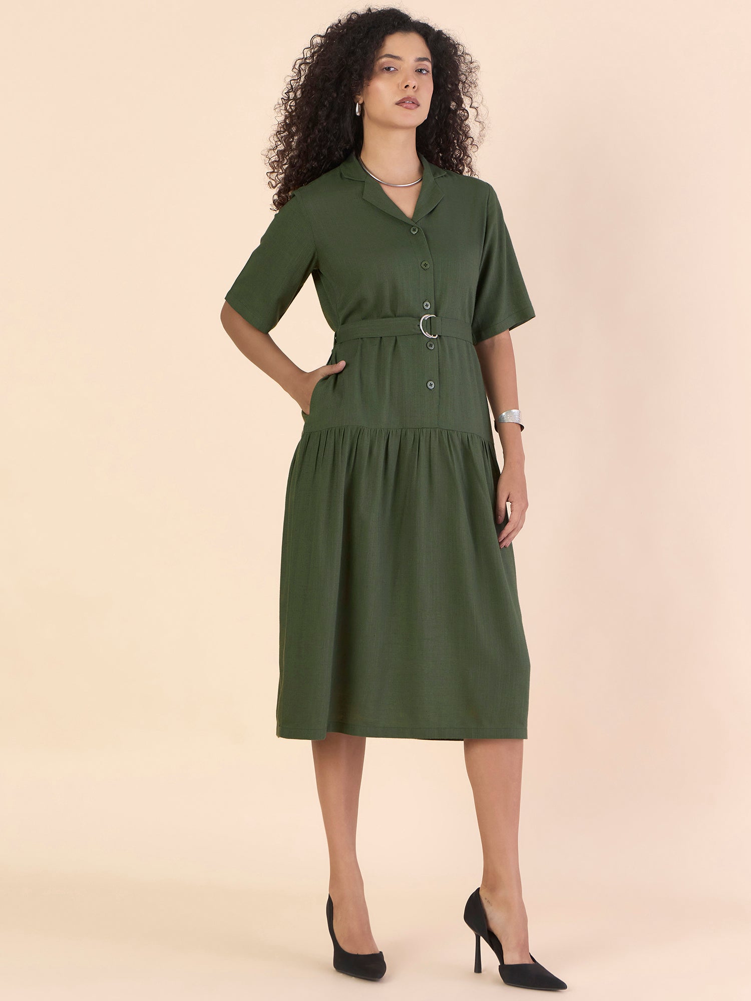 Olive Viscose-Linen Relaxed Tiered Midi Dress With Belt Details