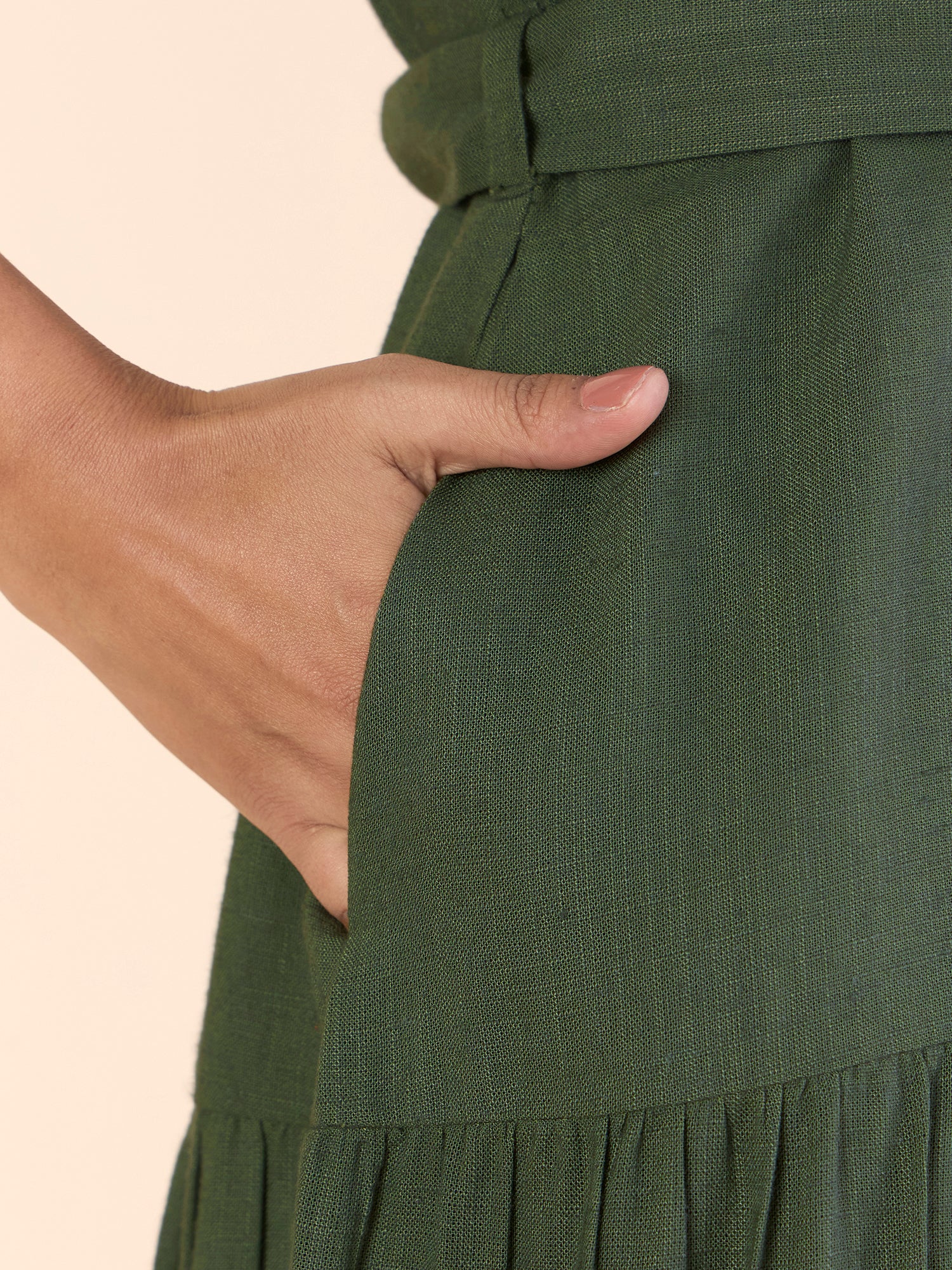 Olive Viscose-Linen Relaxed Tiered Midi Dress With Belt Details