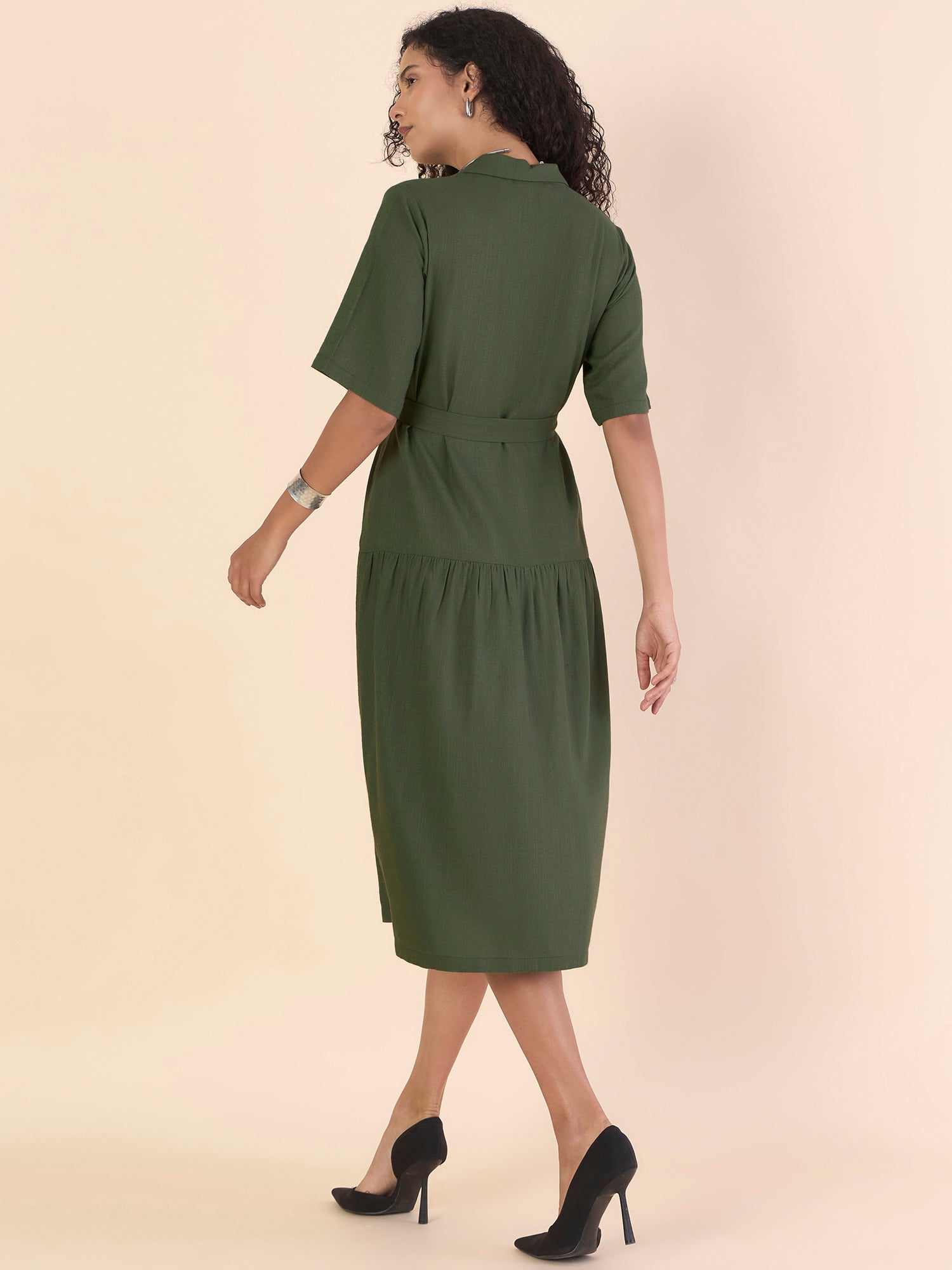 Olive Viscose-Linen Relaxed Tiered Midi Dress With Belt Details
