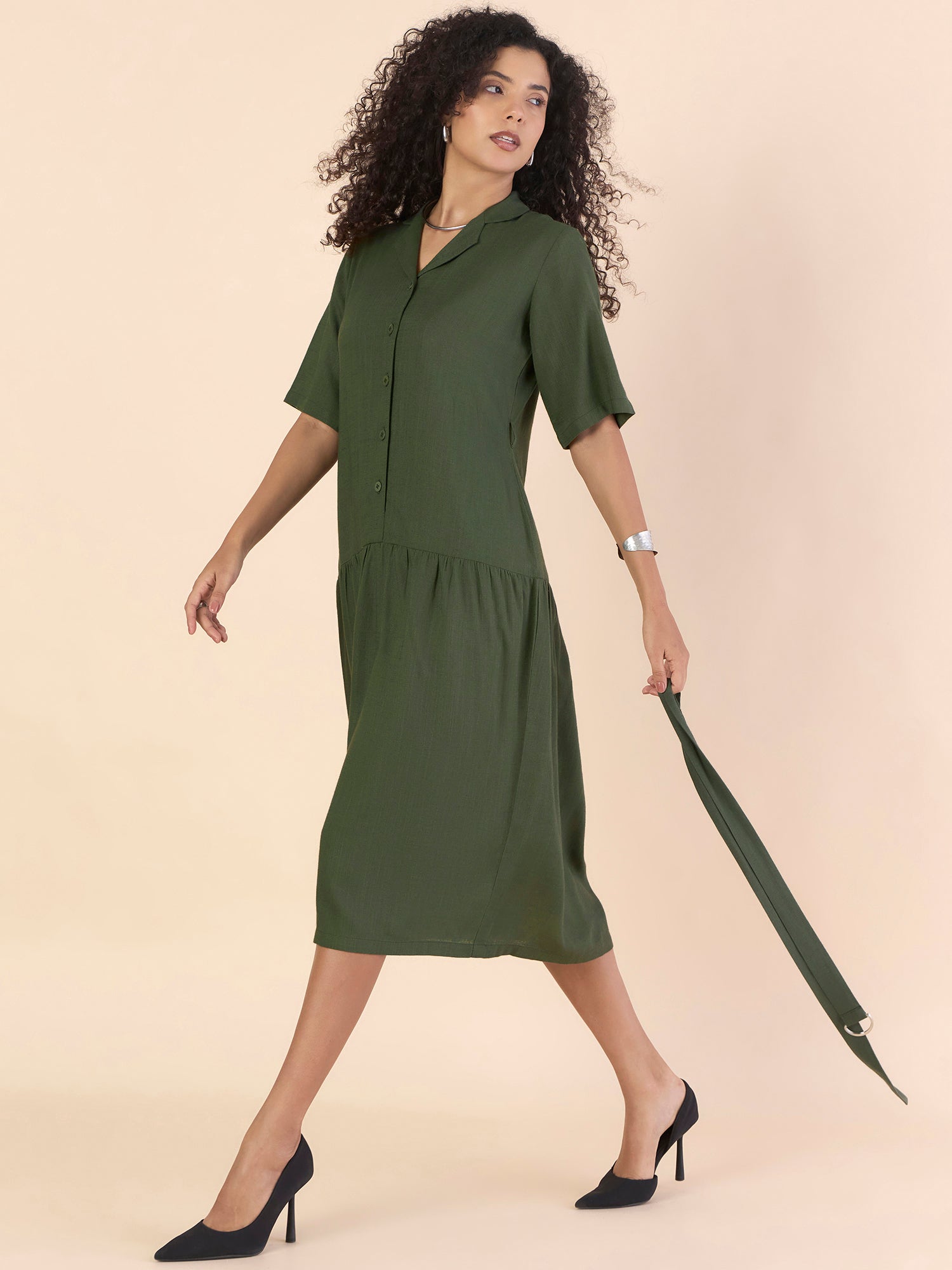 Olive Viscose-Linen Relaxed Tiered Midi Dress With Belt Details