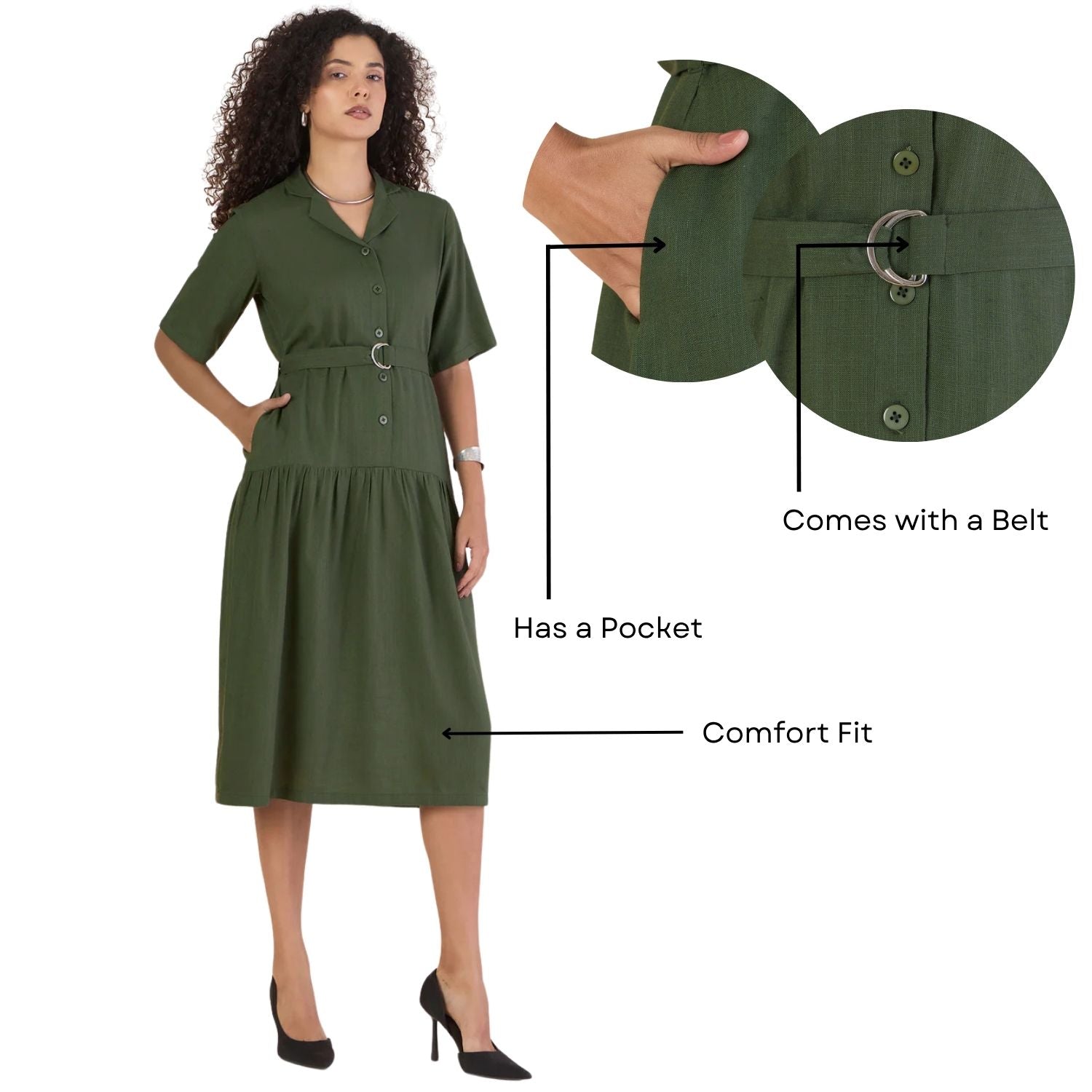Olive Viscose-Linen Relaxed Tiered Midi Dress With Belt Details