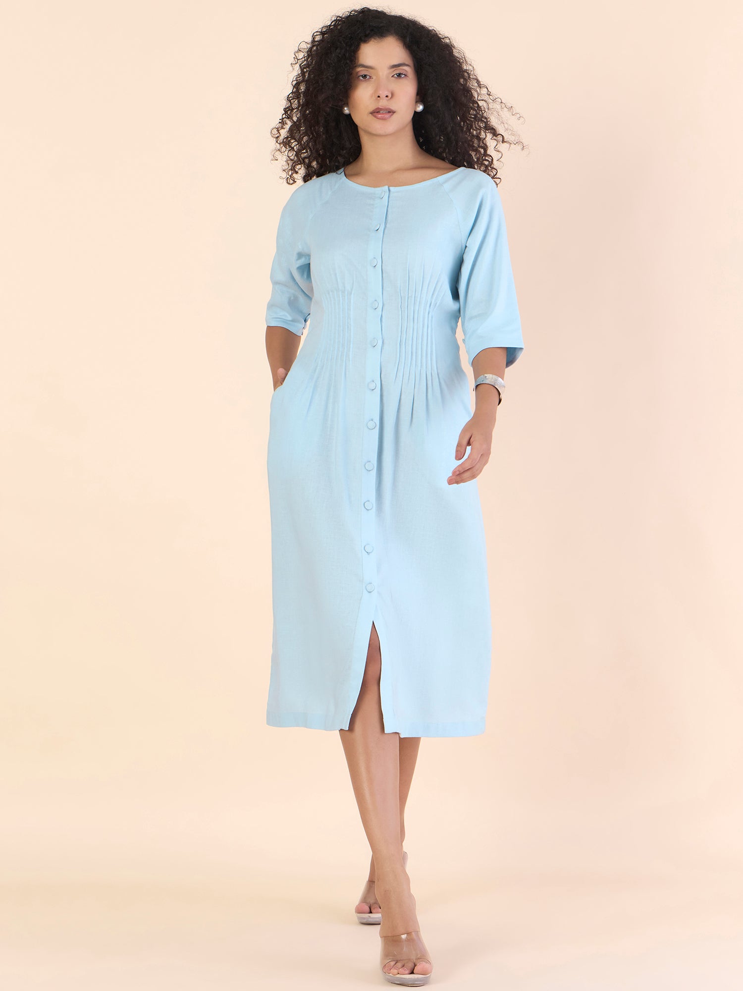 Sky Blue Linen-Viscose Pin-Tucks Detail Fit & Flare Midi Dress