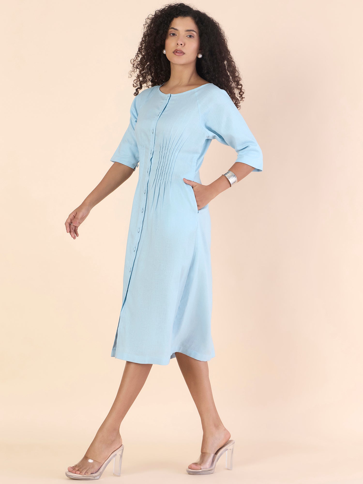 Sky Blue Linen-Viscose Pin-Tucks Detail Fit & Flare Midi Dress
