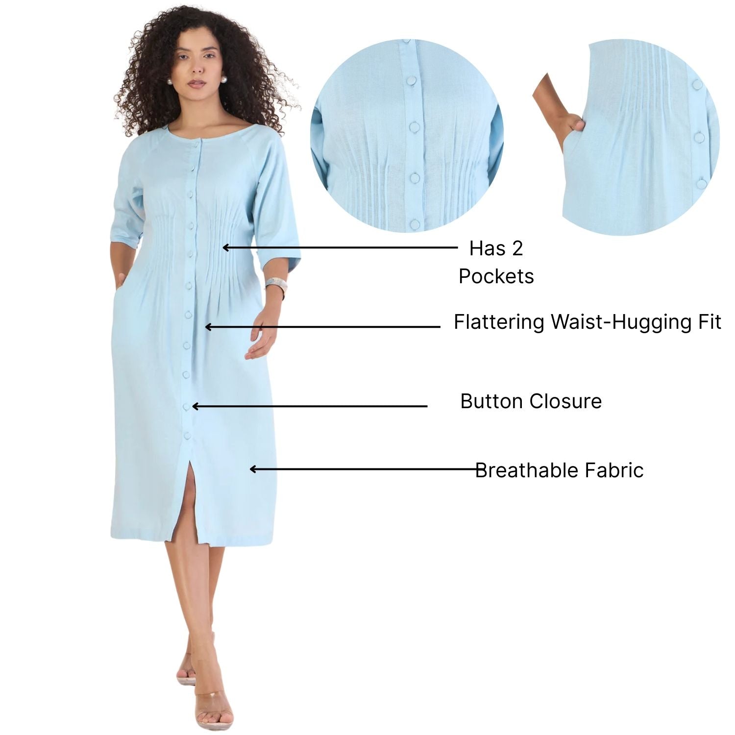 Sky Blue Linen-Viscose Pin-Tucks Detail Fit & Flare Midi Dress