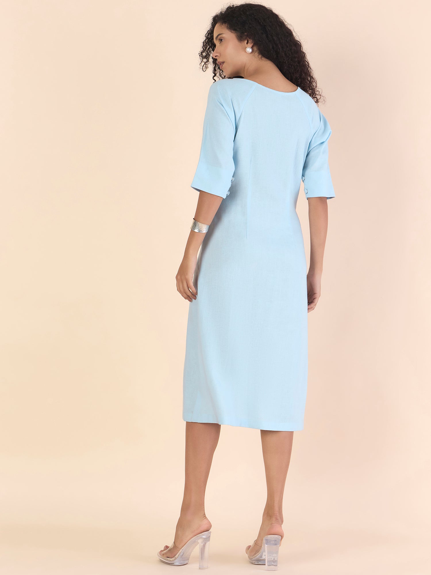 Sky Blue Linen-Viscose Pin-Tucks Detail Fit & Flare Midi Dress
