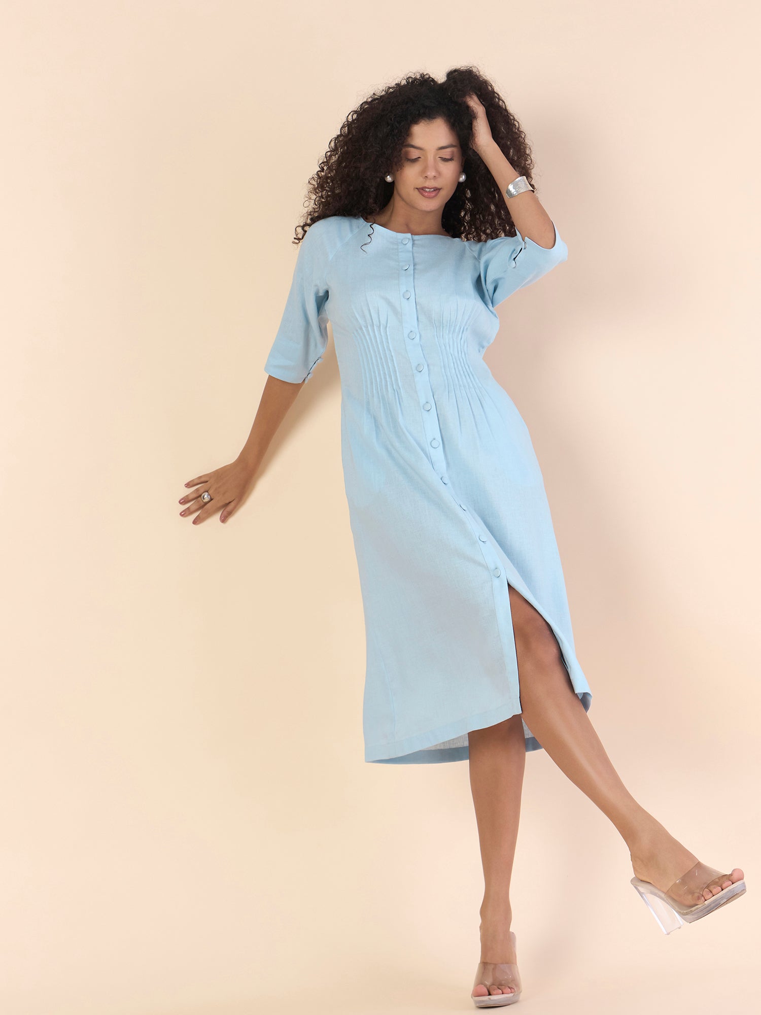 Sky Blue Linen-Viscose Pin-Tucks Detail Fit & Flare Midi Dress