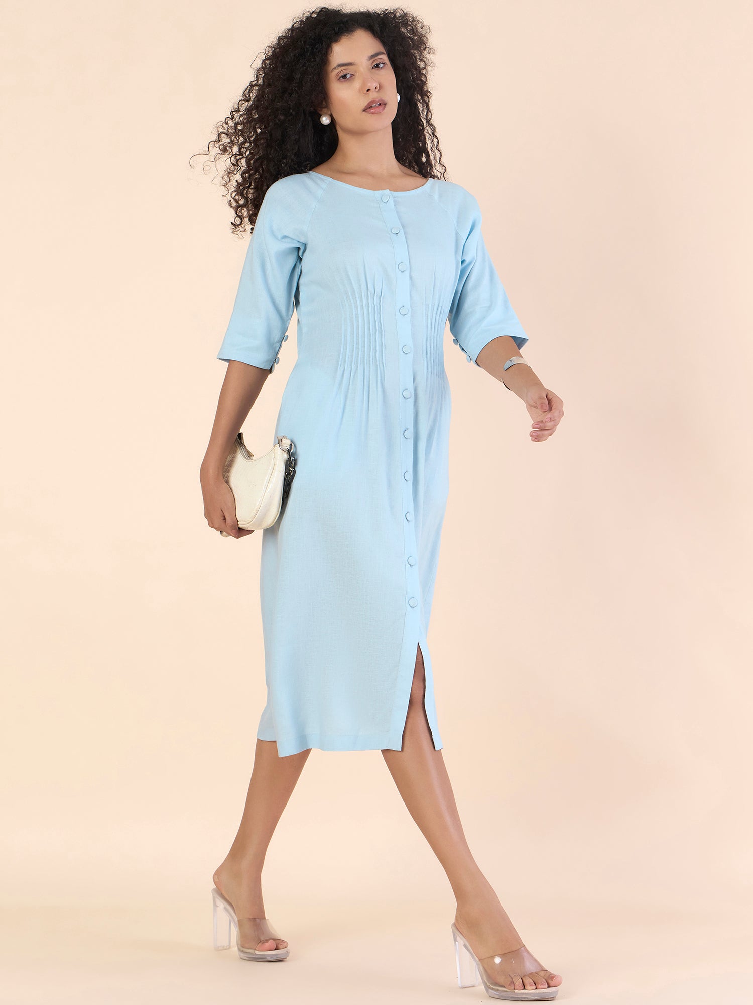 Sky Blue Linen-Viscose Pin-Tucks Detail Fit & Flare Midi Dress