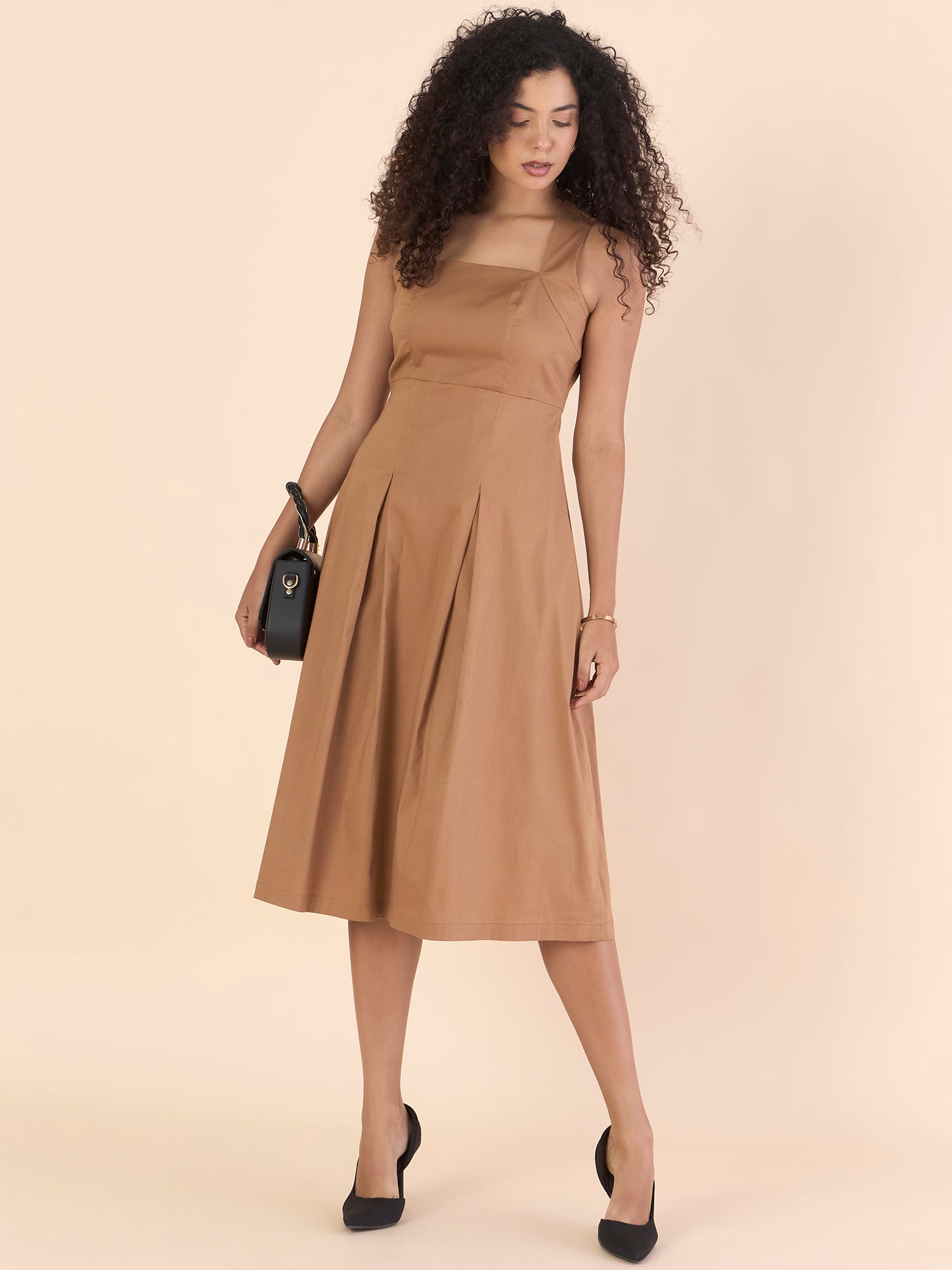 Classic Camel brown Halter Neck Box-Pleated Stretchable Midi Dress