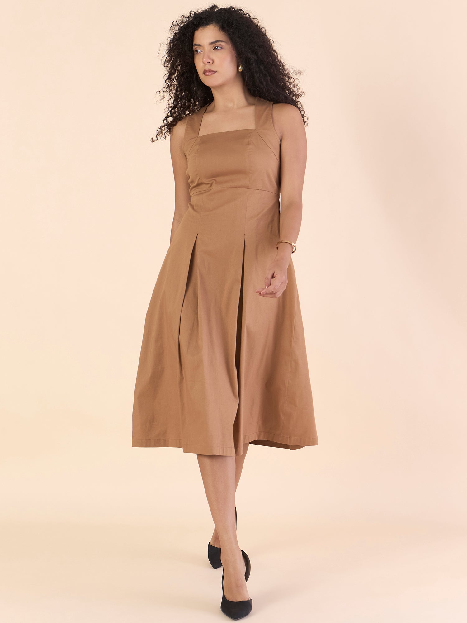 Classic Camel brown Halter Neck Box-Pleated Stretchable Midi Dress
