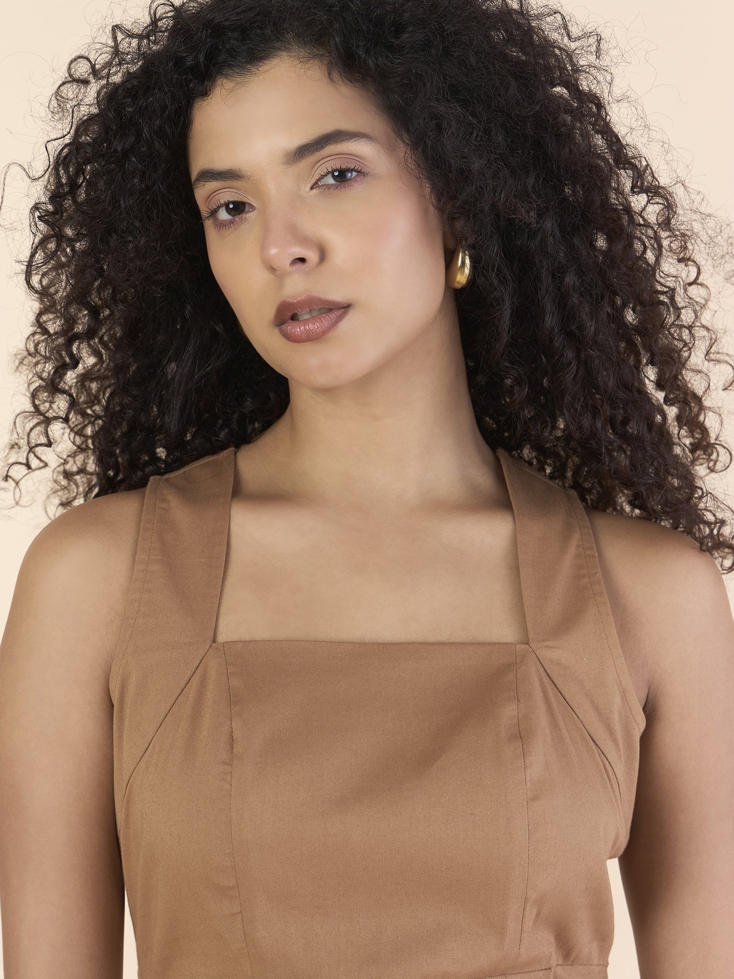 Classic Camel brown Halter Neck Box-Pleated Stretchable Midi Dress