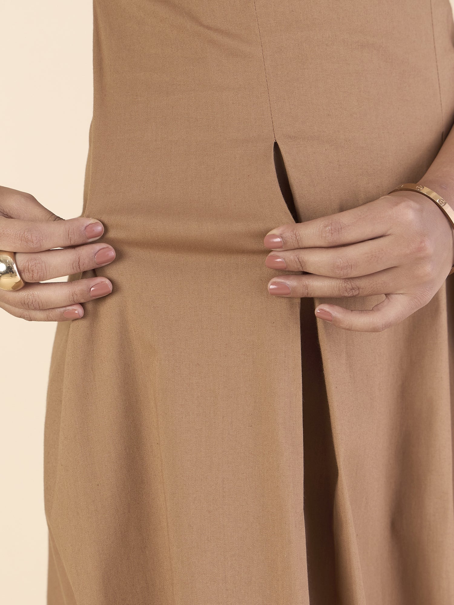 Classic Camel brown Halter Neck Box-Pleated Stretchable Midi Dress