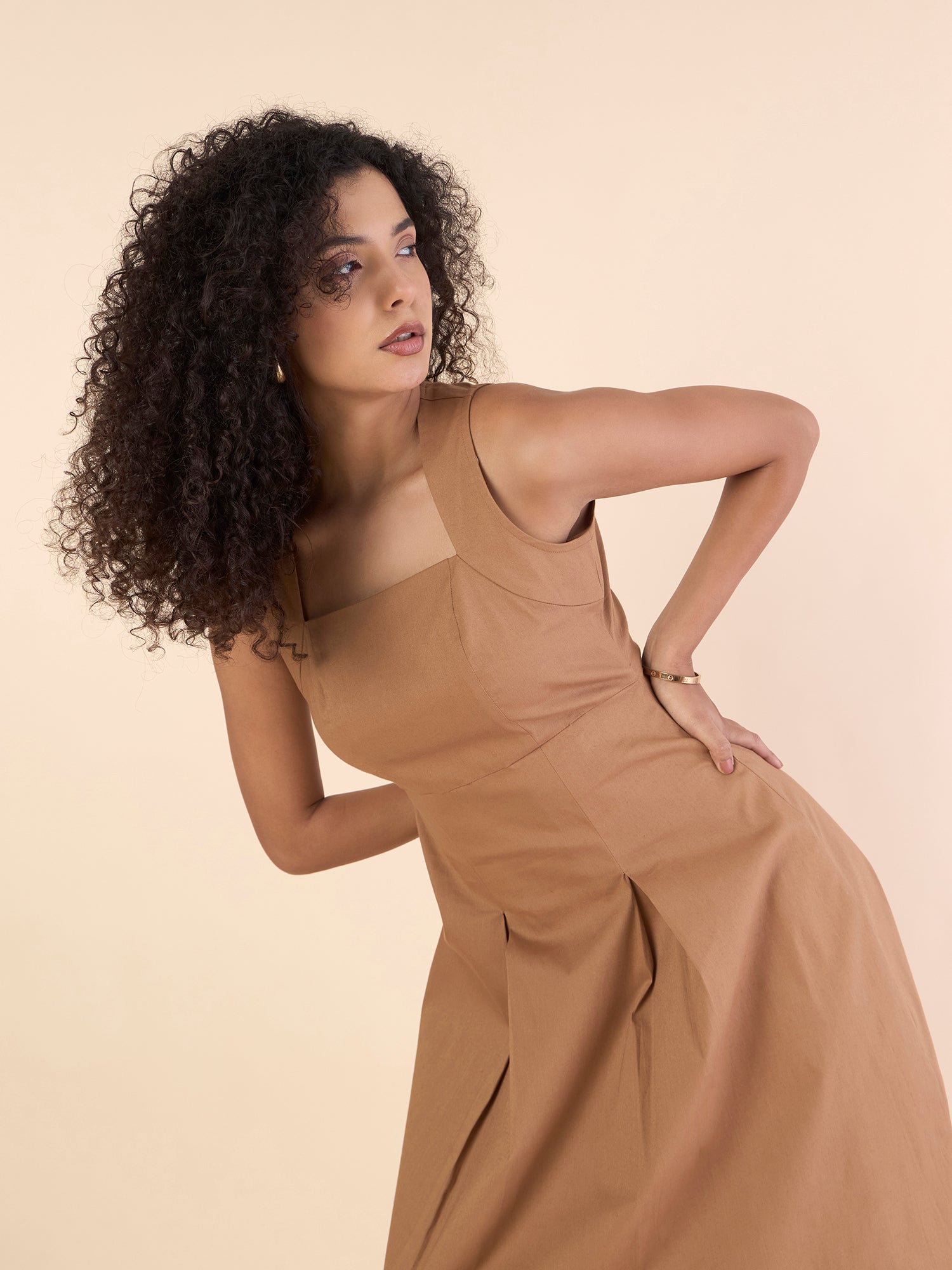 Classic Camel brown Halter Neck Box-Pleated Stretchable Midi Dress