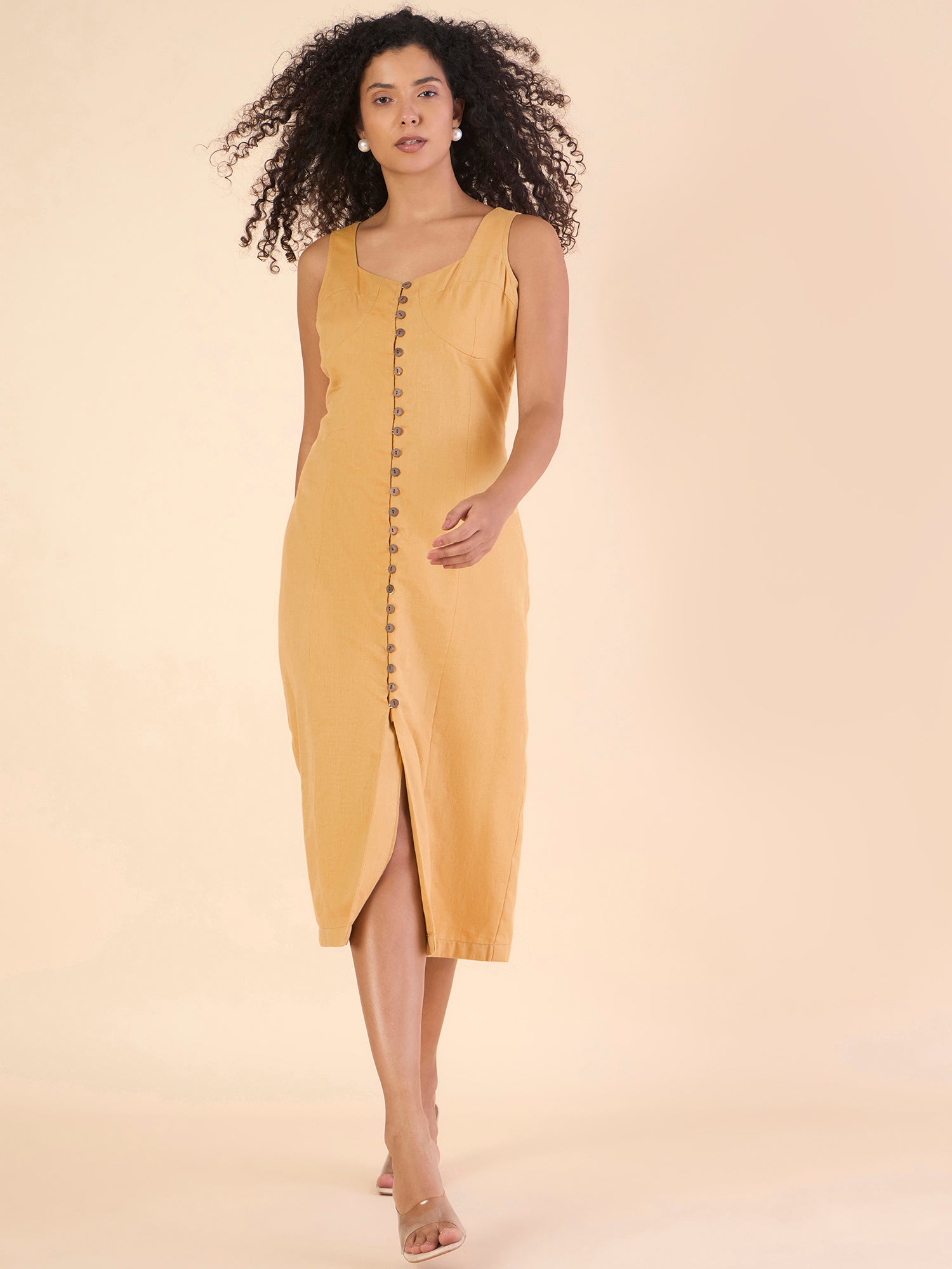 Women Sleeveless Musturd Pure Cotton Button Detaling Midi Dress