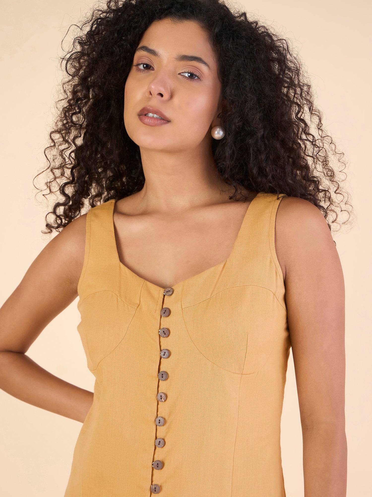 Women Sleeveless Musturd Pure Cotton Button Detaling Midi Dress