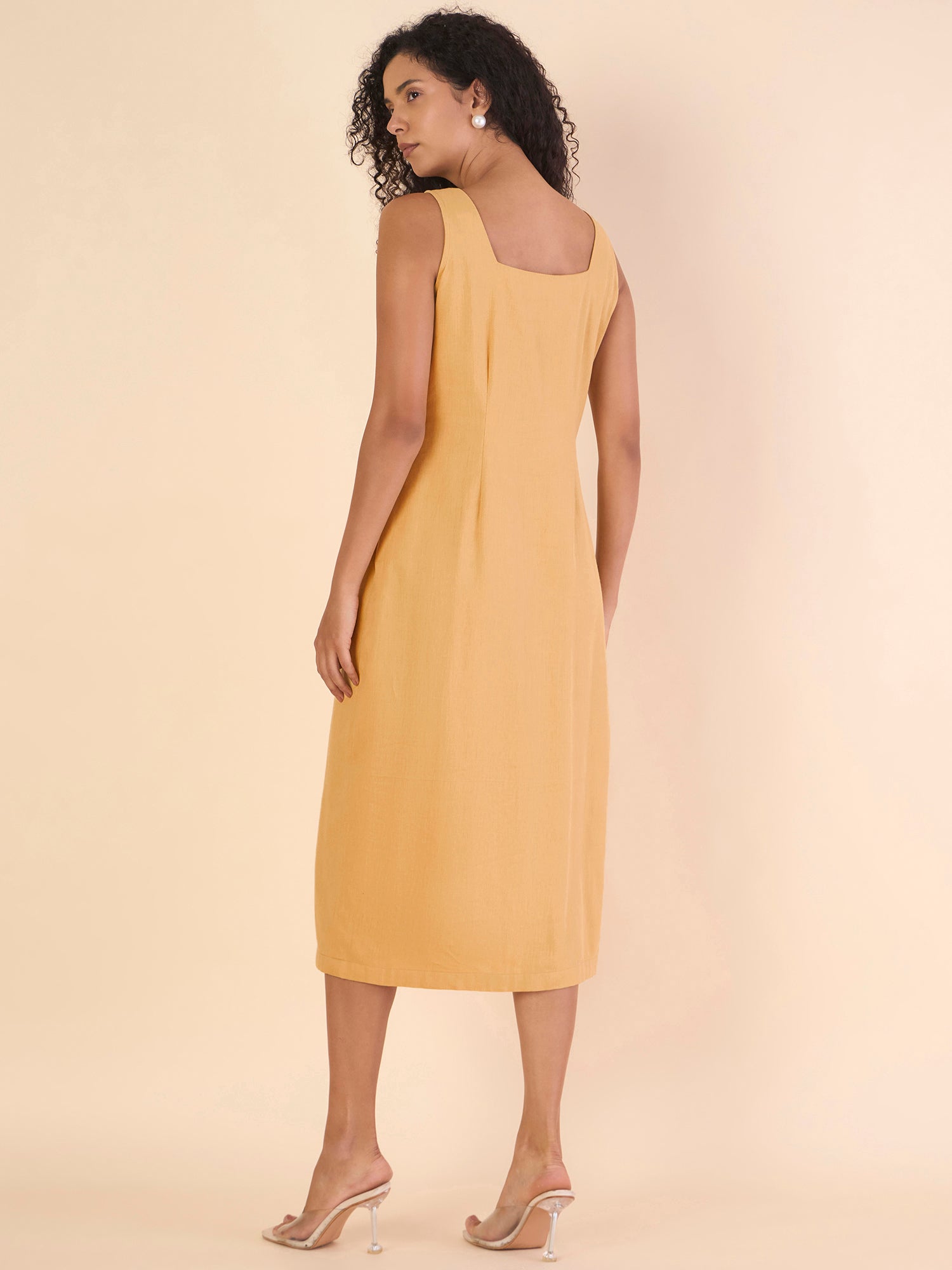 Women Sleeveless Musturd Pure Cotton Button Detaling Midi Dress