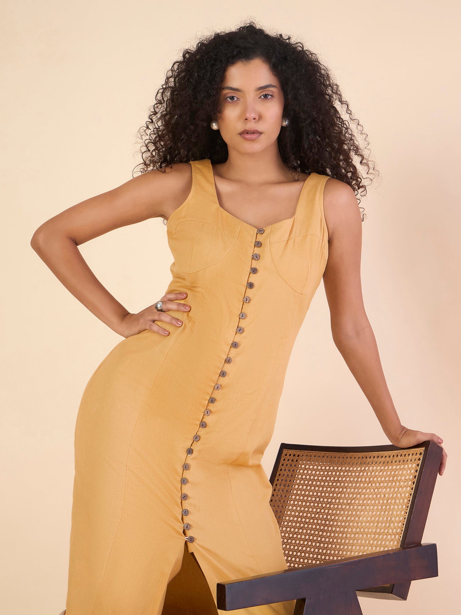 Women Sleeveless Musturd Pure Cotton Button Detaling Midi Dress