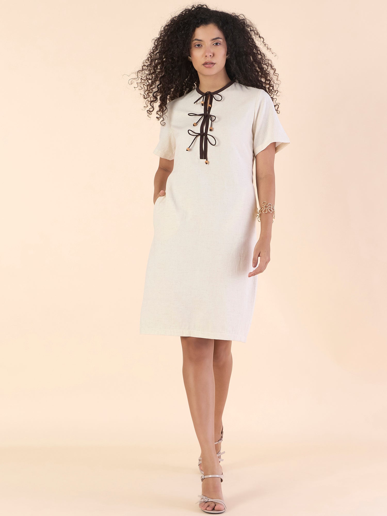 Women Classic Brown Contrast Trims Cotton Midi Dress With Bow details