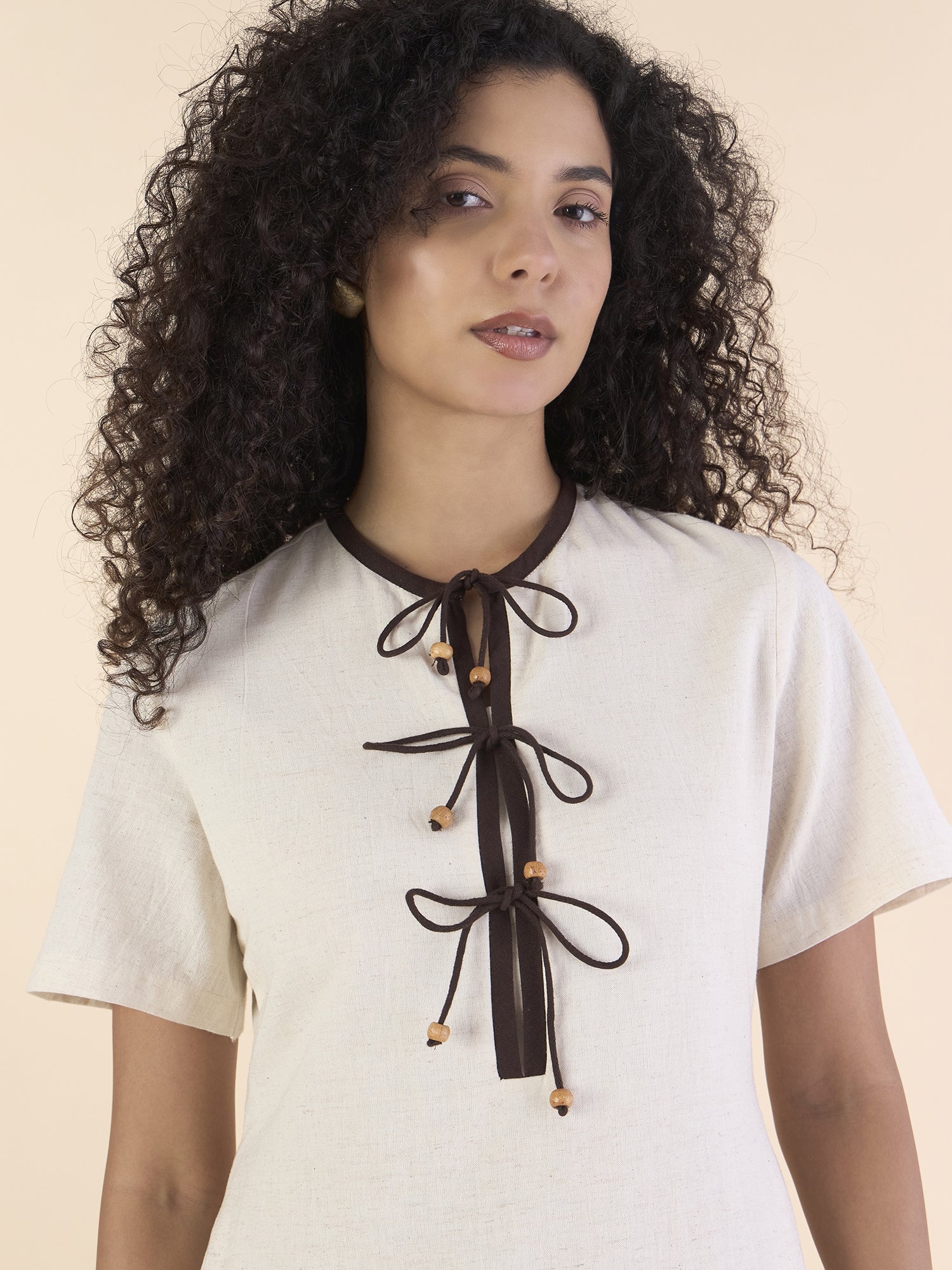 Women Classic Brown Contrast Trims Cotton Midi Dress With Bow details