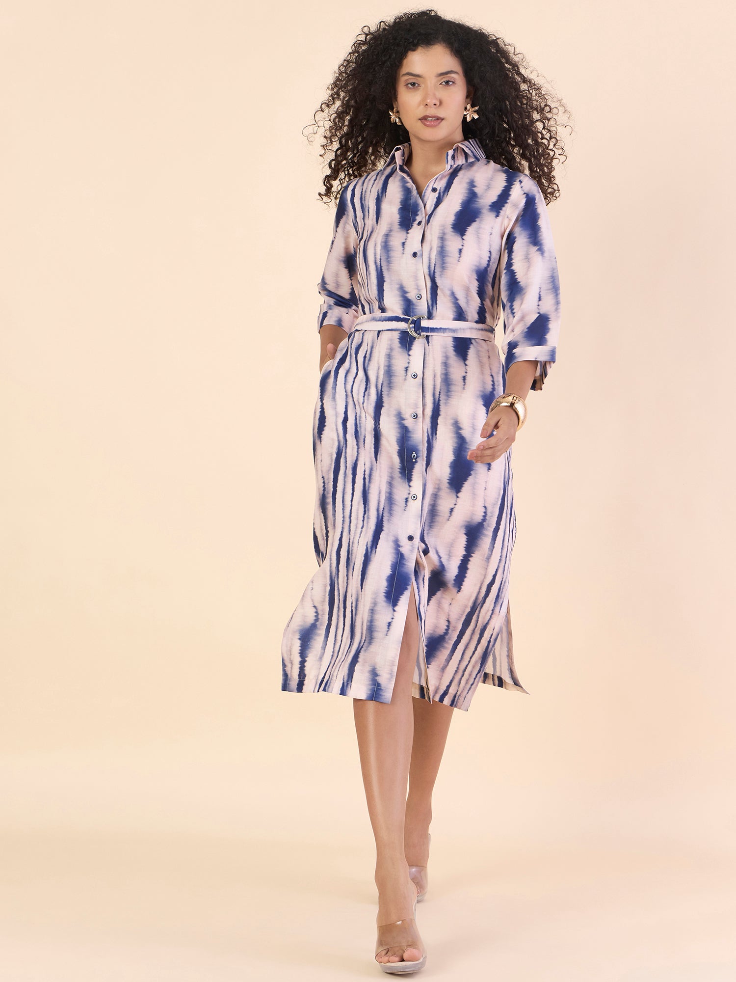 Women Blue Printed Button-Up Slit Hem Shirt Dress With Belt Details