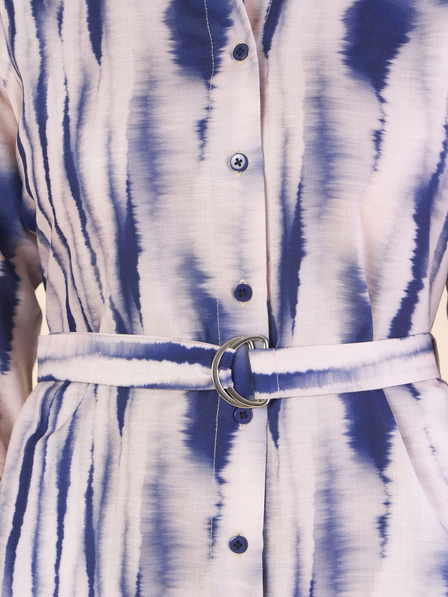 Women Blue Printed Button-Up Slit Hem Shirt Dress With Belt Details