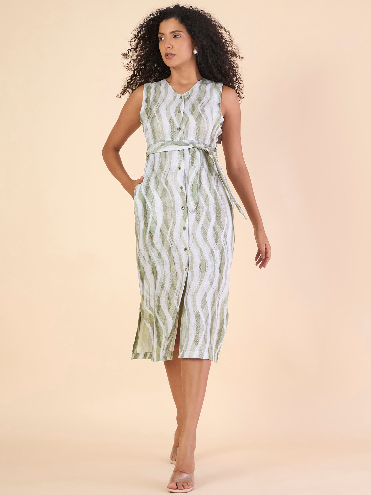 Women Green Button-Up Slit Hem Printed Midi Dress With Belt Details