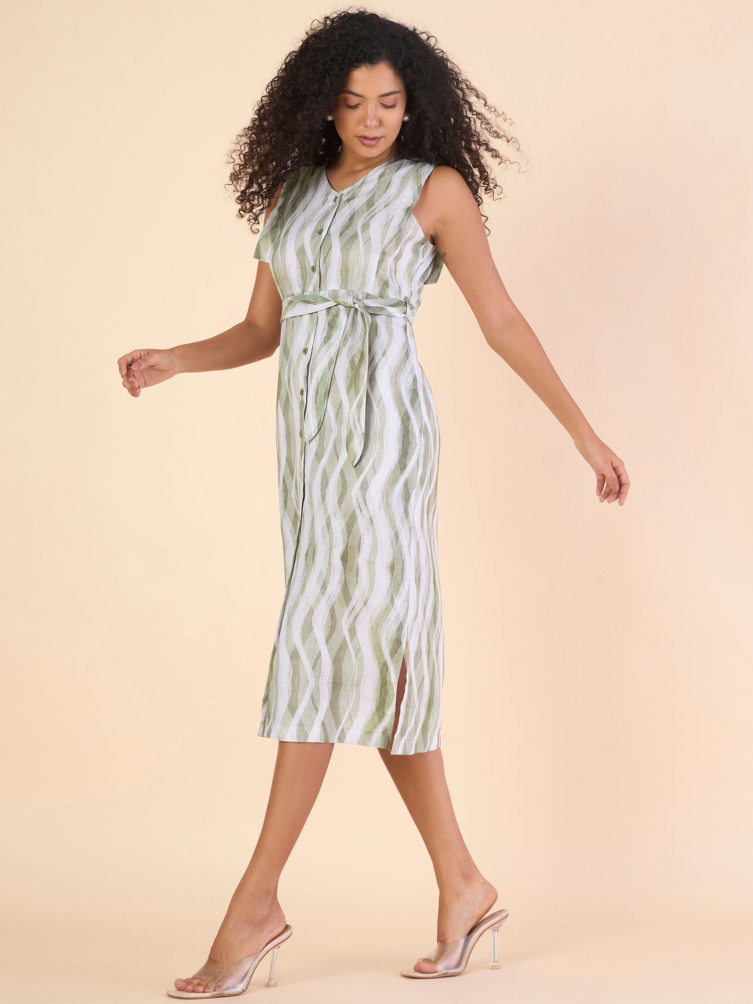 Women Green Button-Up Slit Hem Printed Midi Dress With Belt Details