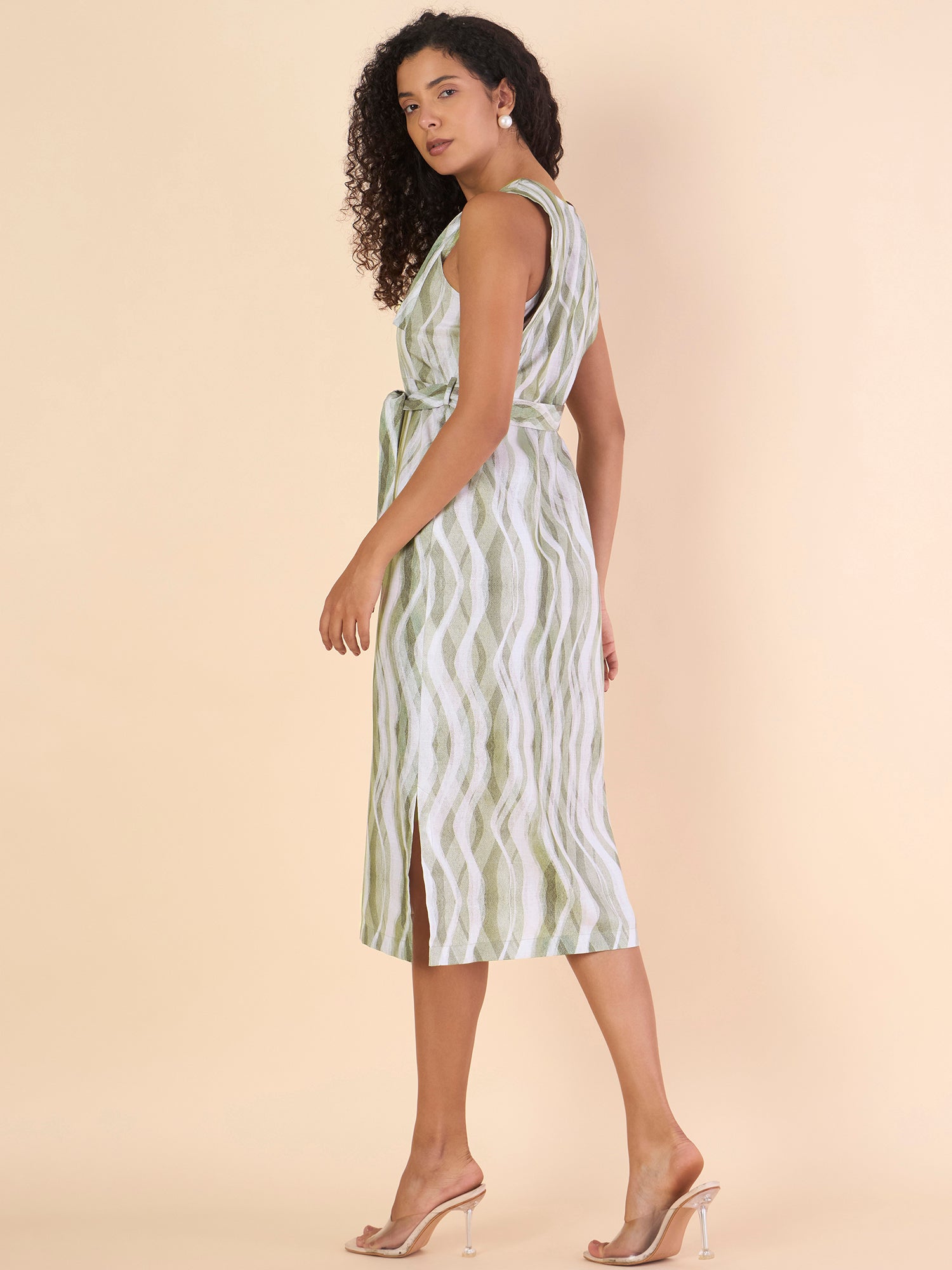 Women Green Button-Up Slit Hem Printed Midi Dress With Belt Details