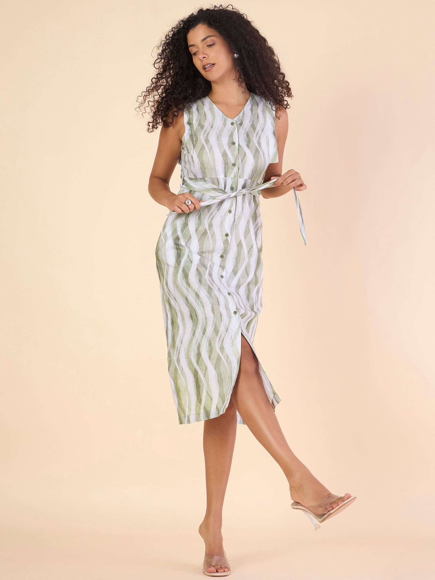 Women Green Button-Up Slit Hem Printed Midi Dress With Belt Details
