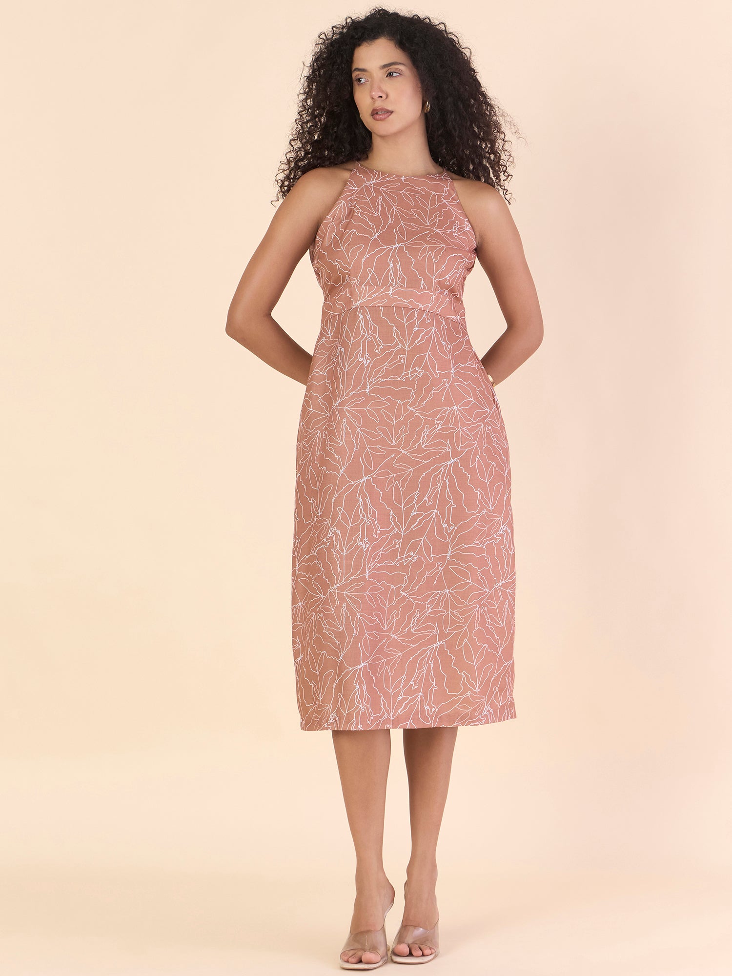 Brown High-Neck Halter Fit And Flare Midi Length Printed Dress