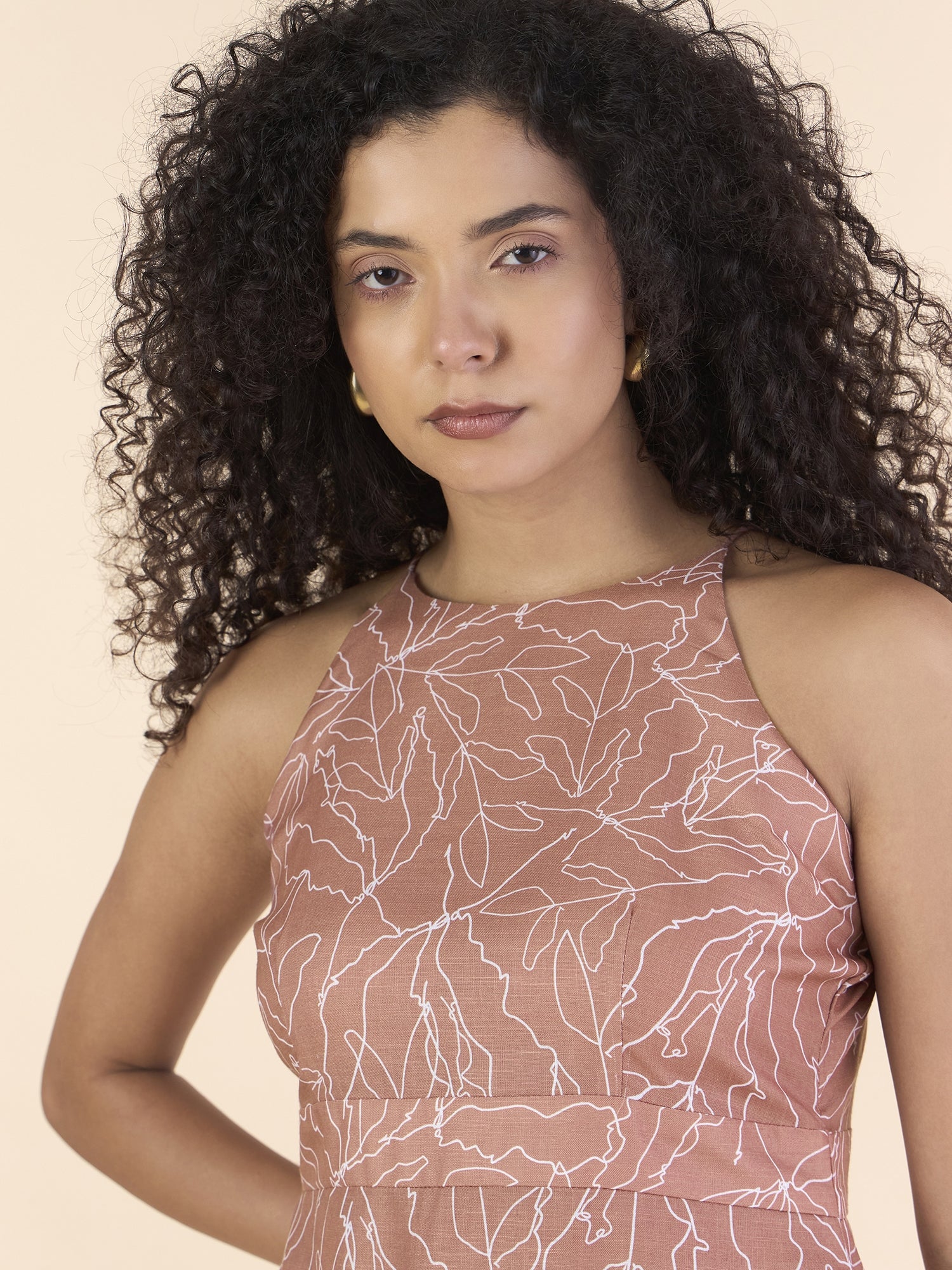 Brown High-Neck Halter Fit And Flare Midi Length Printed Dress