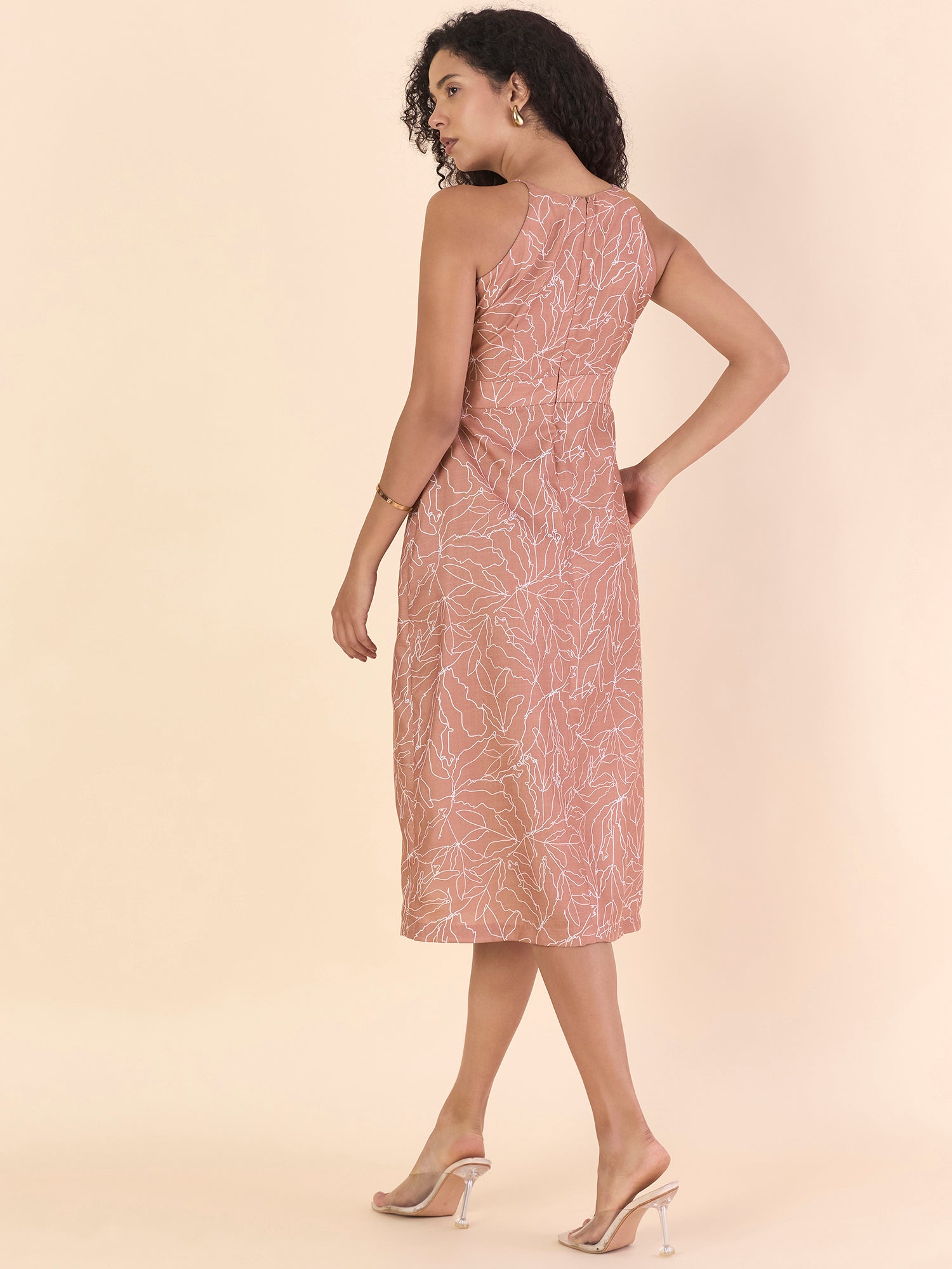 Brown High-Neck Halter Fit And Flare Midi Length Printed Dress