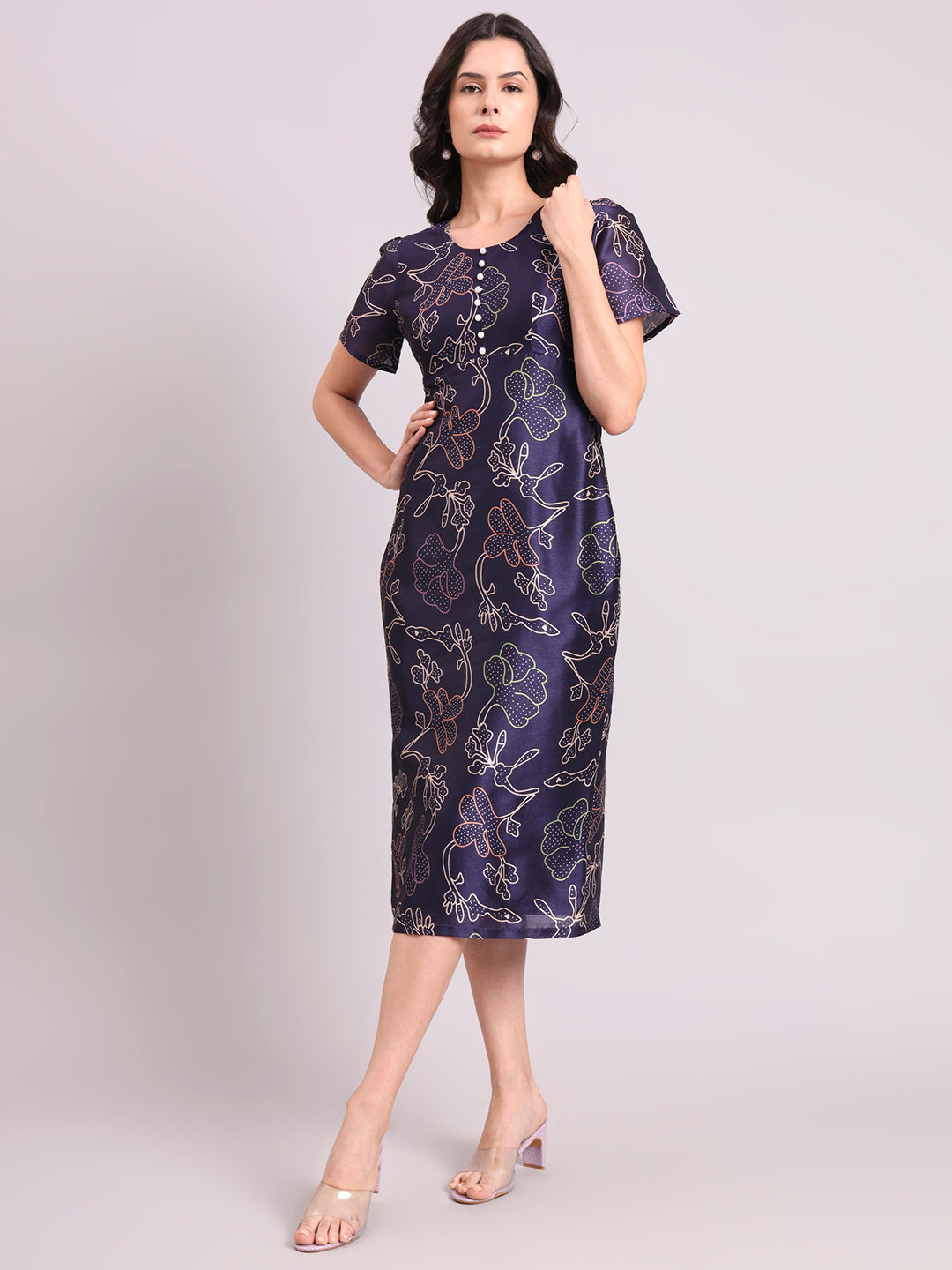 Blue Floral Round-Neck A-Line Maxi Dress With Side Zipper