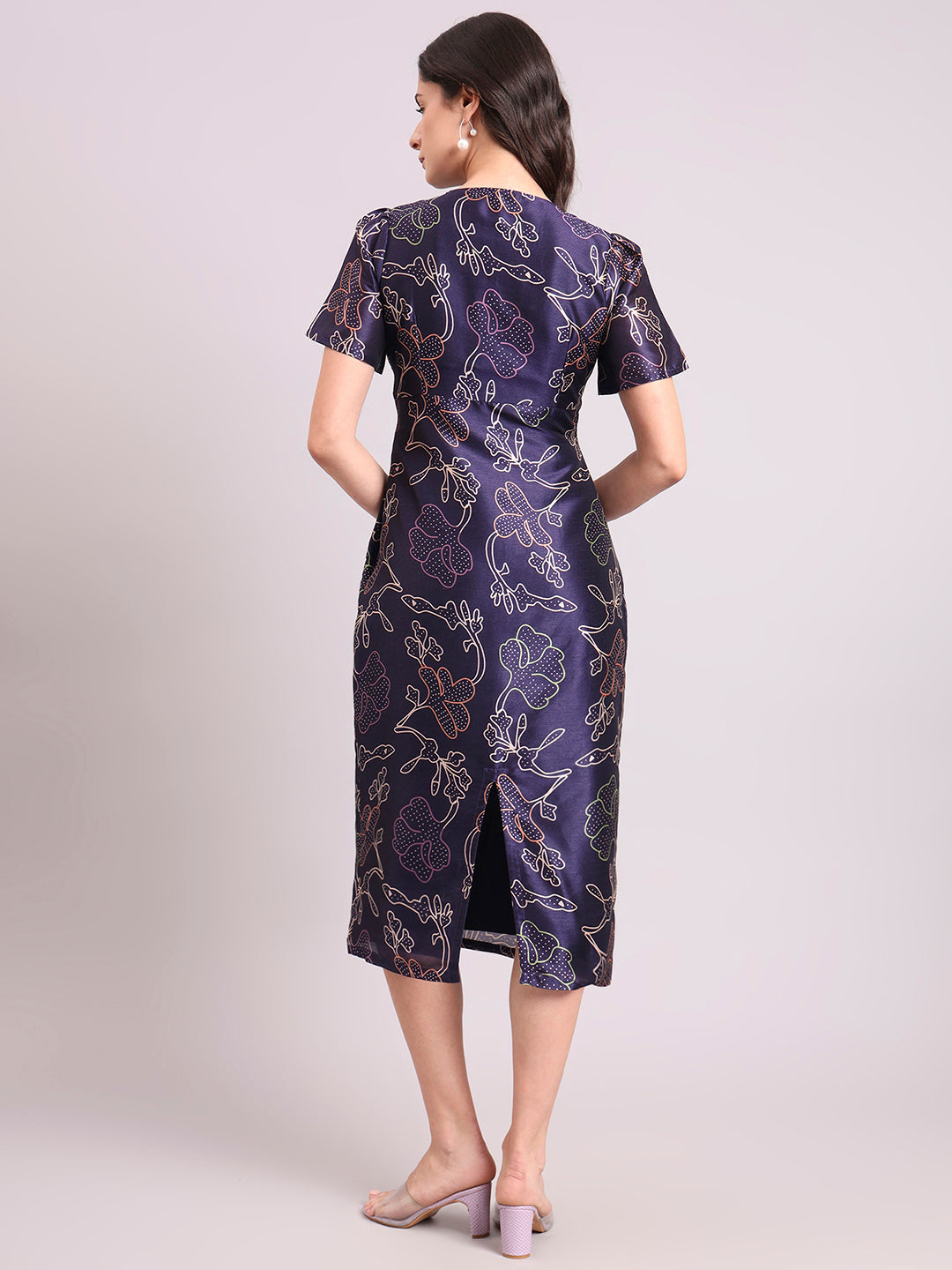 Blue Floral Round-Neck A-Line Maxi Dress With Side Zipper