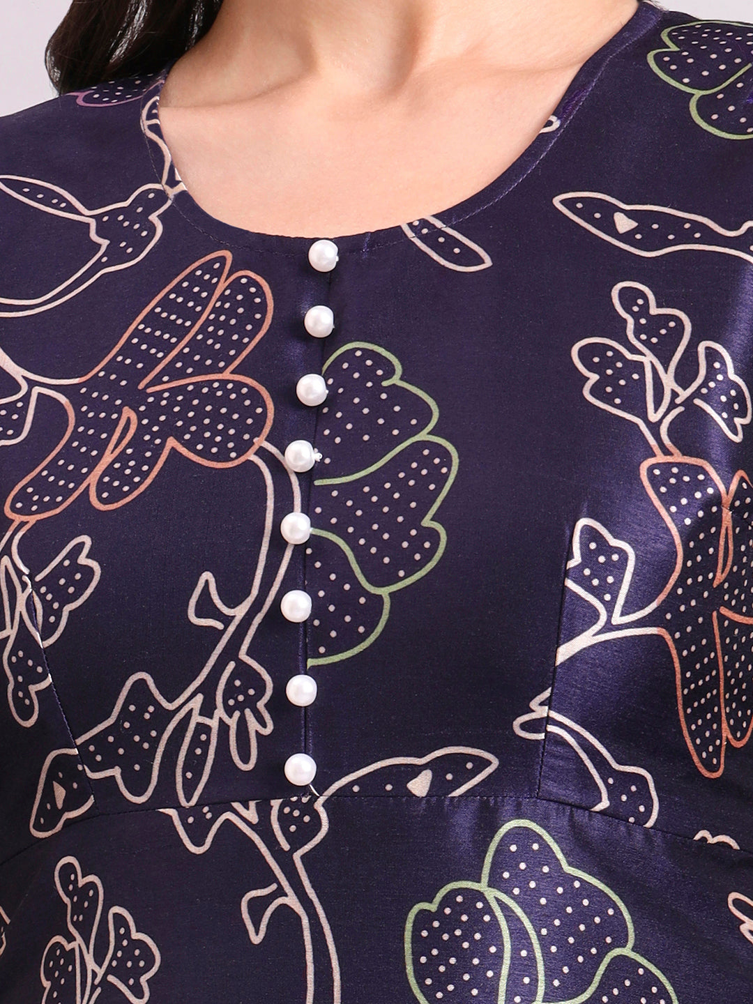 Blue Floral Round-Neck A-Line Maxi Dress With Side Zipper