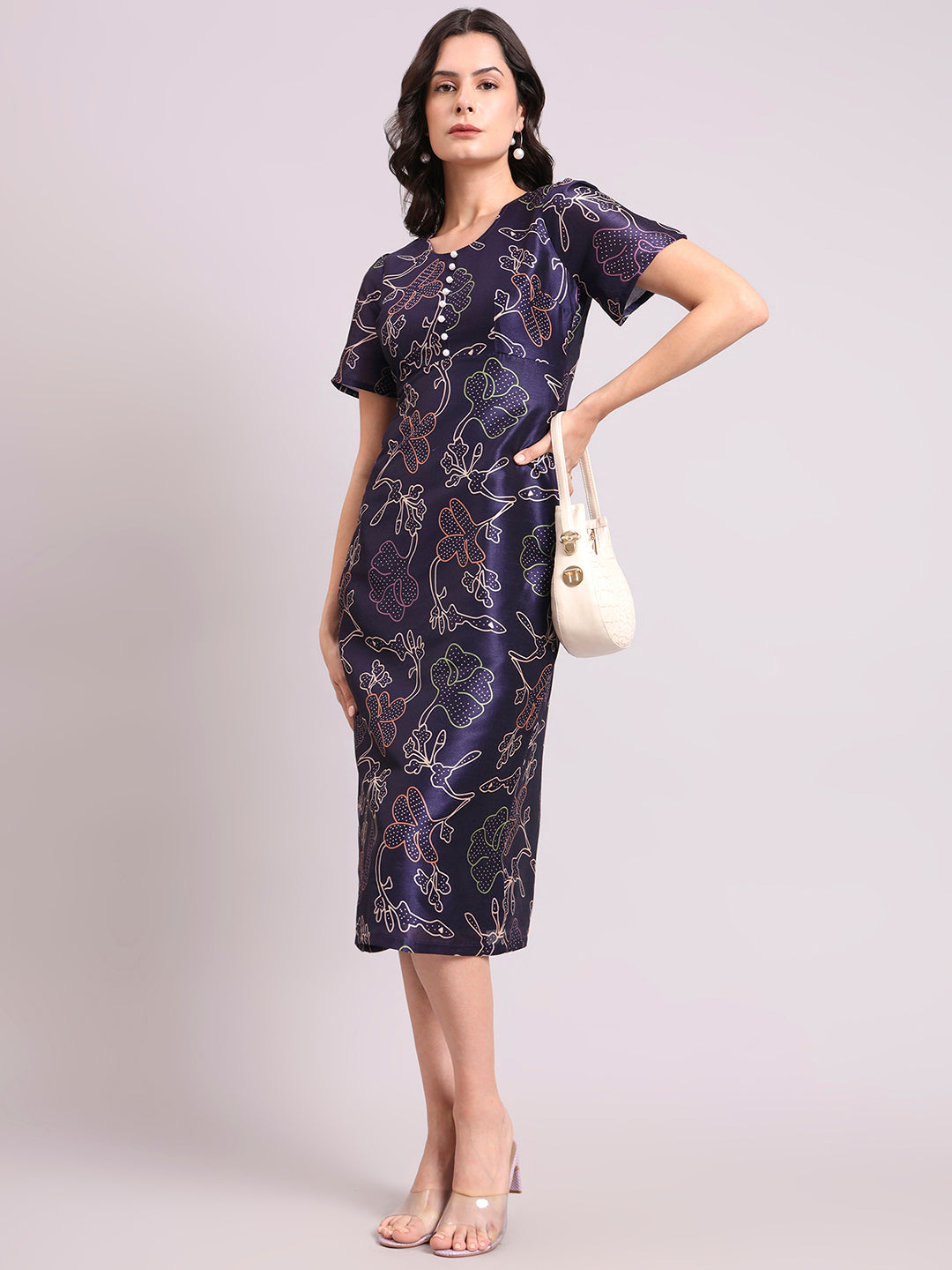 Blue Floral Round-Neck A-Line Maxi Dress With Side Zipper