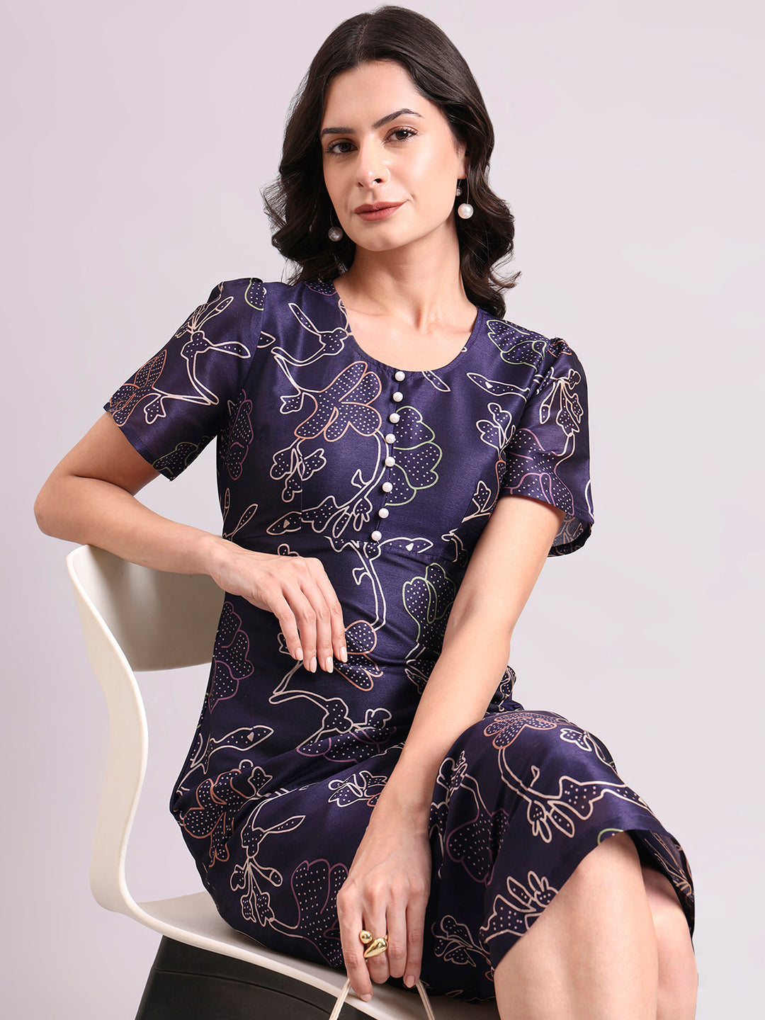 Blue Floral Round-Neck A-Line Maxi Dress With Side Zipper