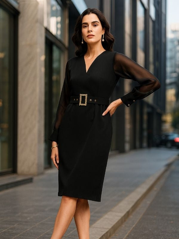Black V-Neck Stretch Midi Dress With Sheer Sleeves And Fancy Belt