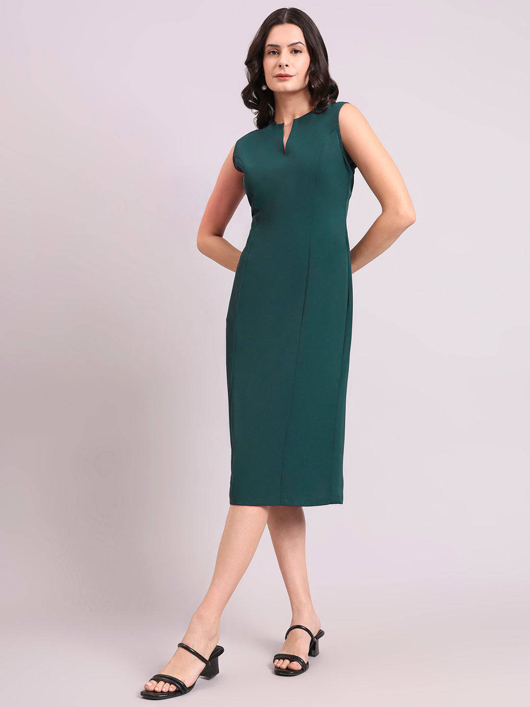 Dark Green Round V-Neck Princess Panel A-Line Stretch Midi Dress