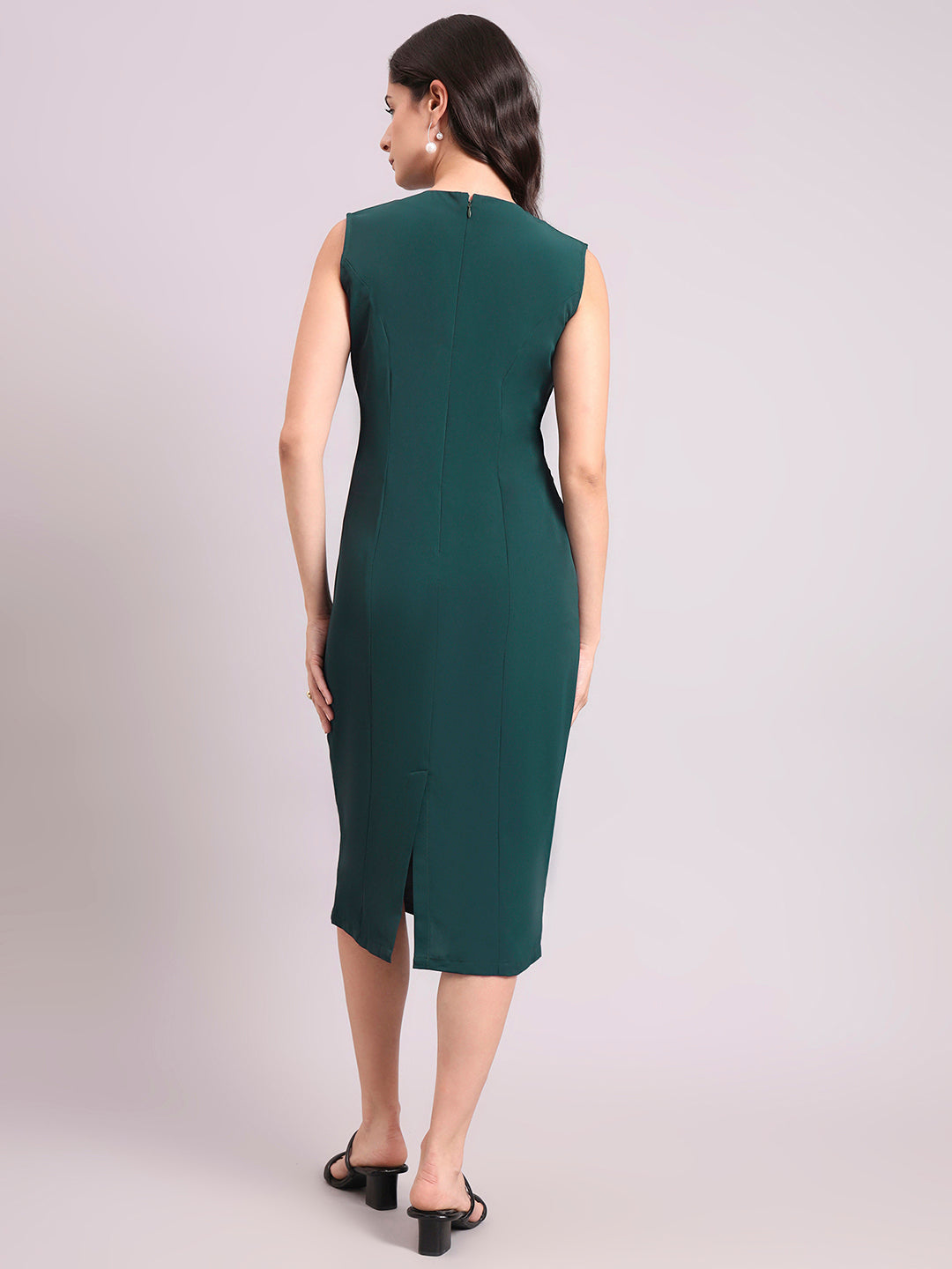 Dark Green Round V-Neck Princess Panel A-Line Stretch Midi Dress