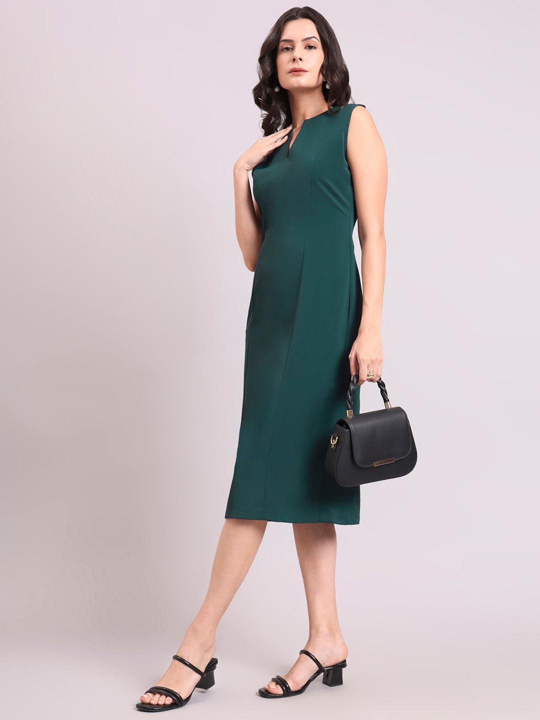 Dark Green Round V-Neck Princess Panel A-Line Stretch Midi Dress