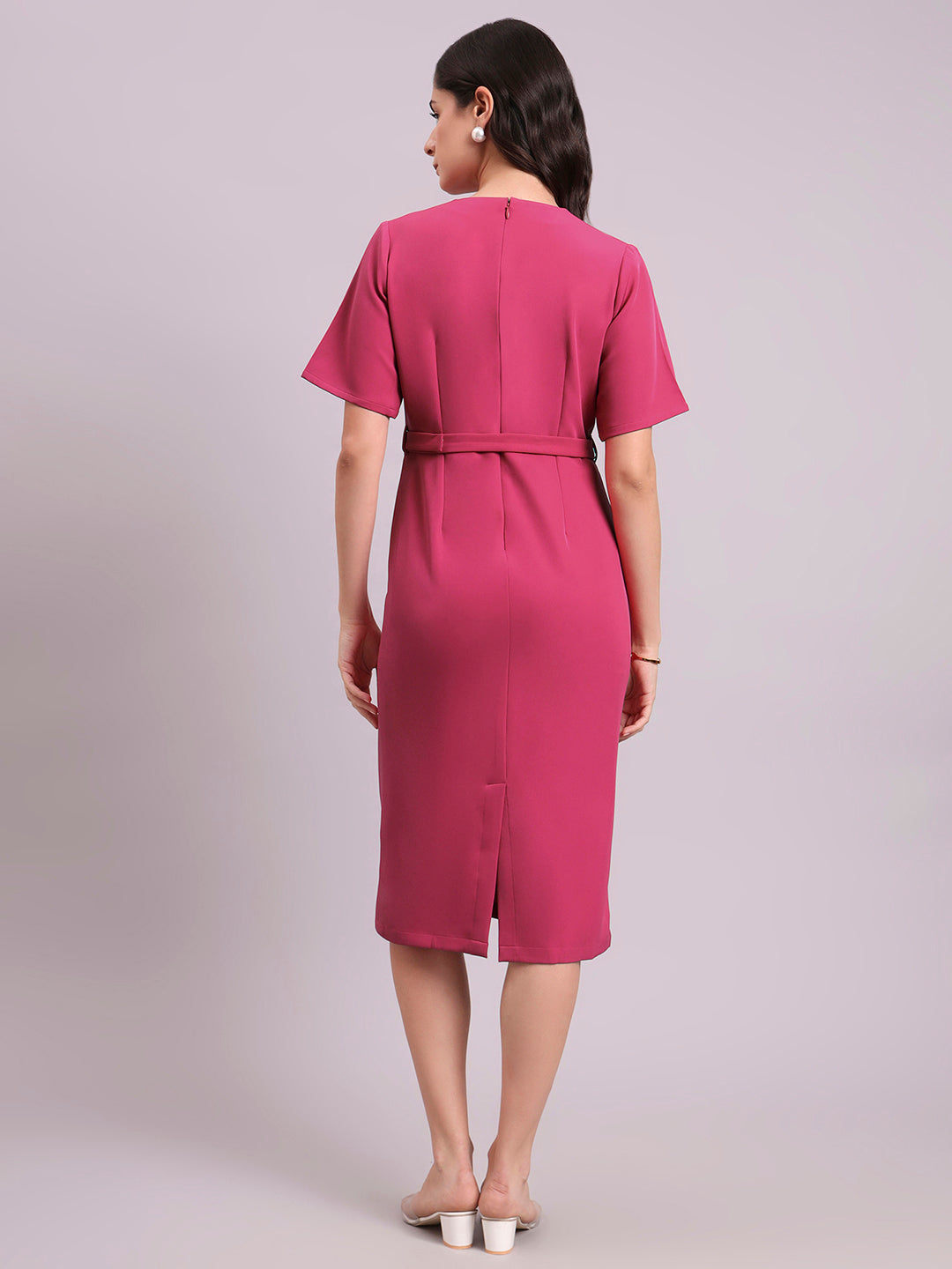 Hot Pink Notch V-Neck Stretch Midi Dress With Detachable Belt