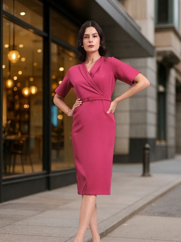 Hot Pink Notch V-Neck Stretch Midi Dress With Detachable Belt