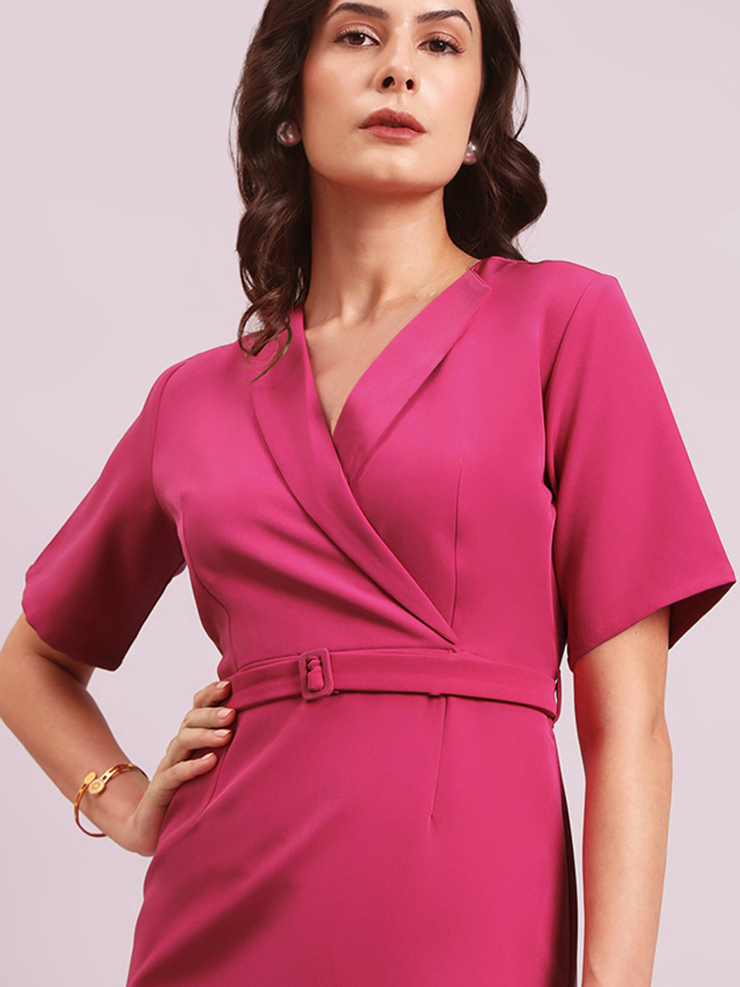 Hot Pink Notch V-Neck Stretch Midi Dress With Detachable Belt