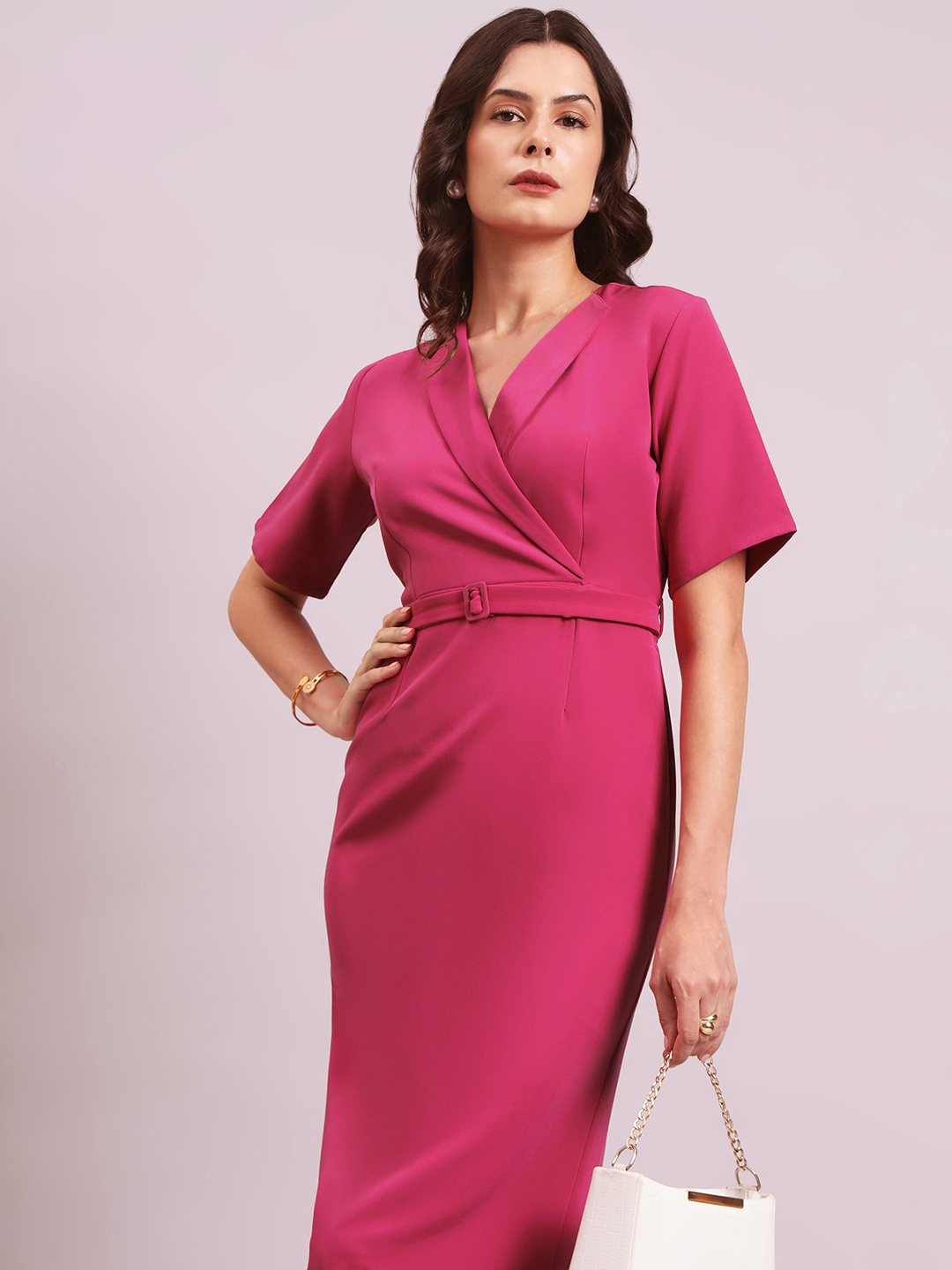 Hot Pink Notch V-Neck Stretch Midi Dress With Detachable Belt