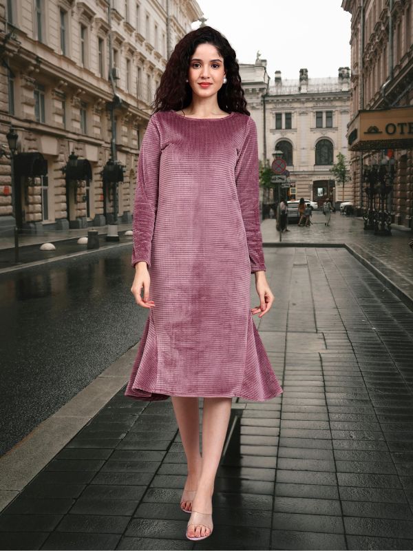 Stretch Velvet Dusty Pink Fish-Cut Midi Dress with Full Sleeves