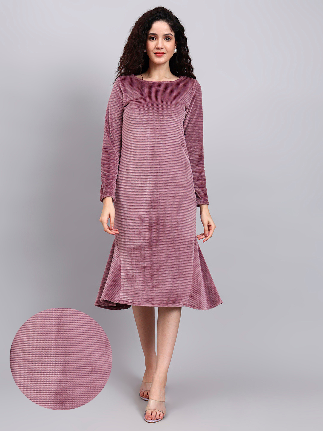 Stretch Velvet Dusty Pink Fish-Cut Midi Dress with Full Sleeves