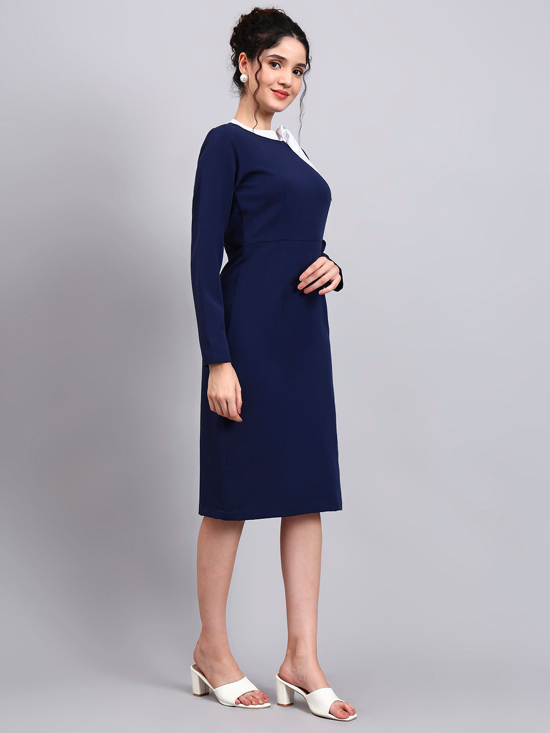 Elegant Navy Blue Dress with White Tie and Comfort Fit