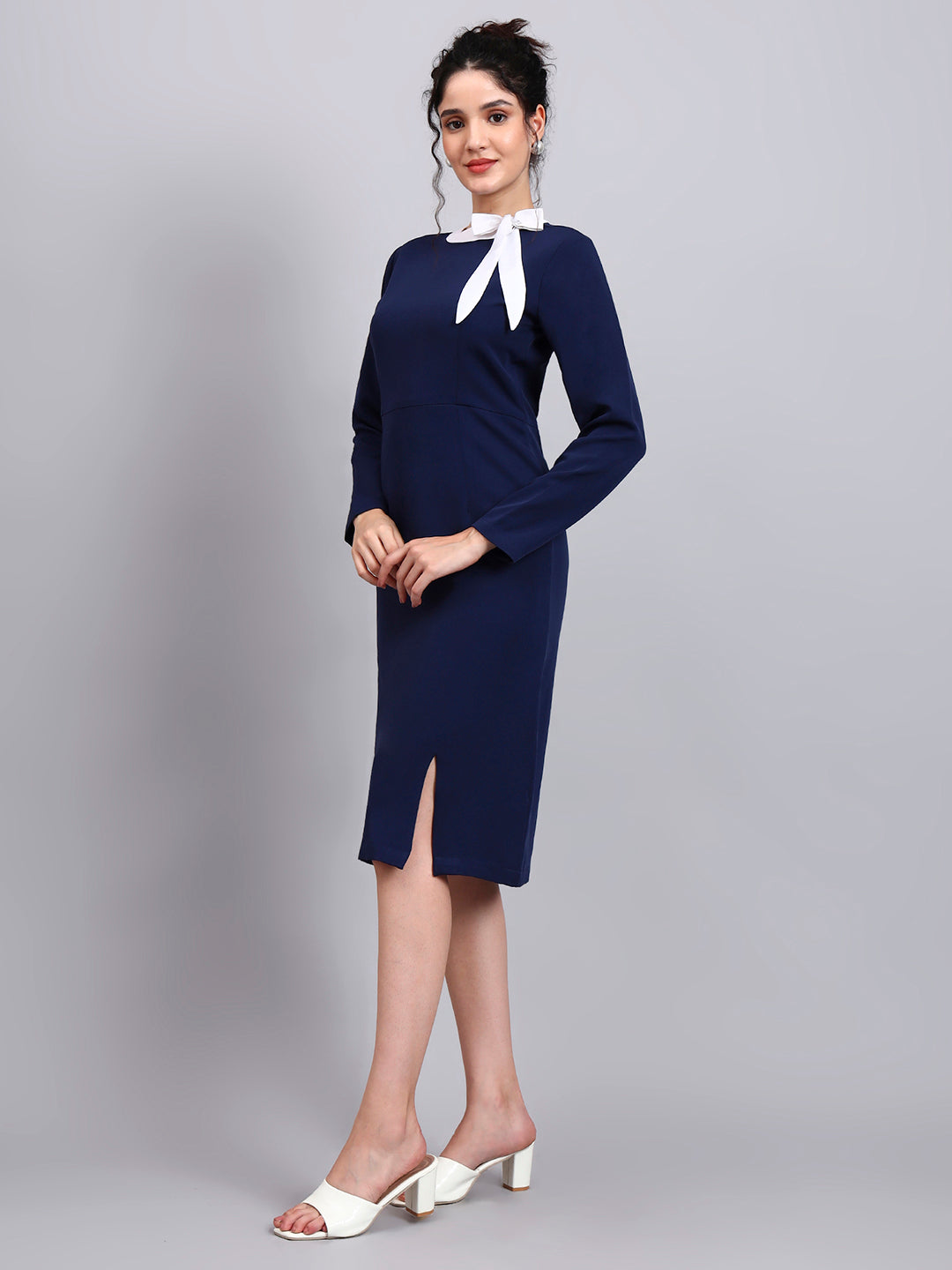 Elegant Navy Blue Dress with White Tie and Comfort Fit