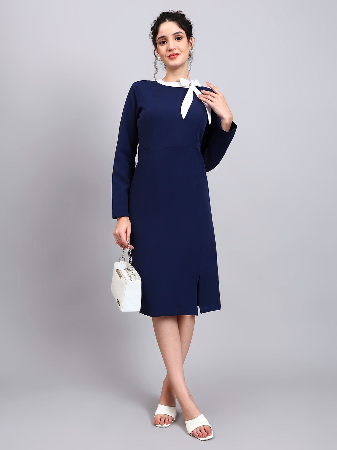 Elegant Navy Blue Dress with White Tie and Comfort Fit