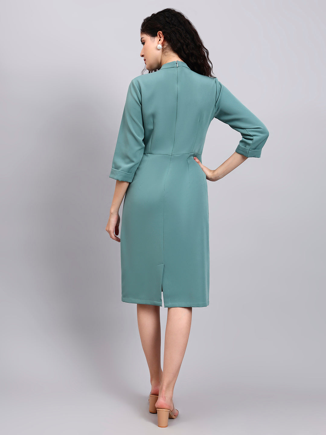 Comfortable Sage Green Pencil Dress with High Neck and Stretch Fabric